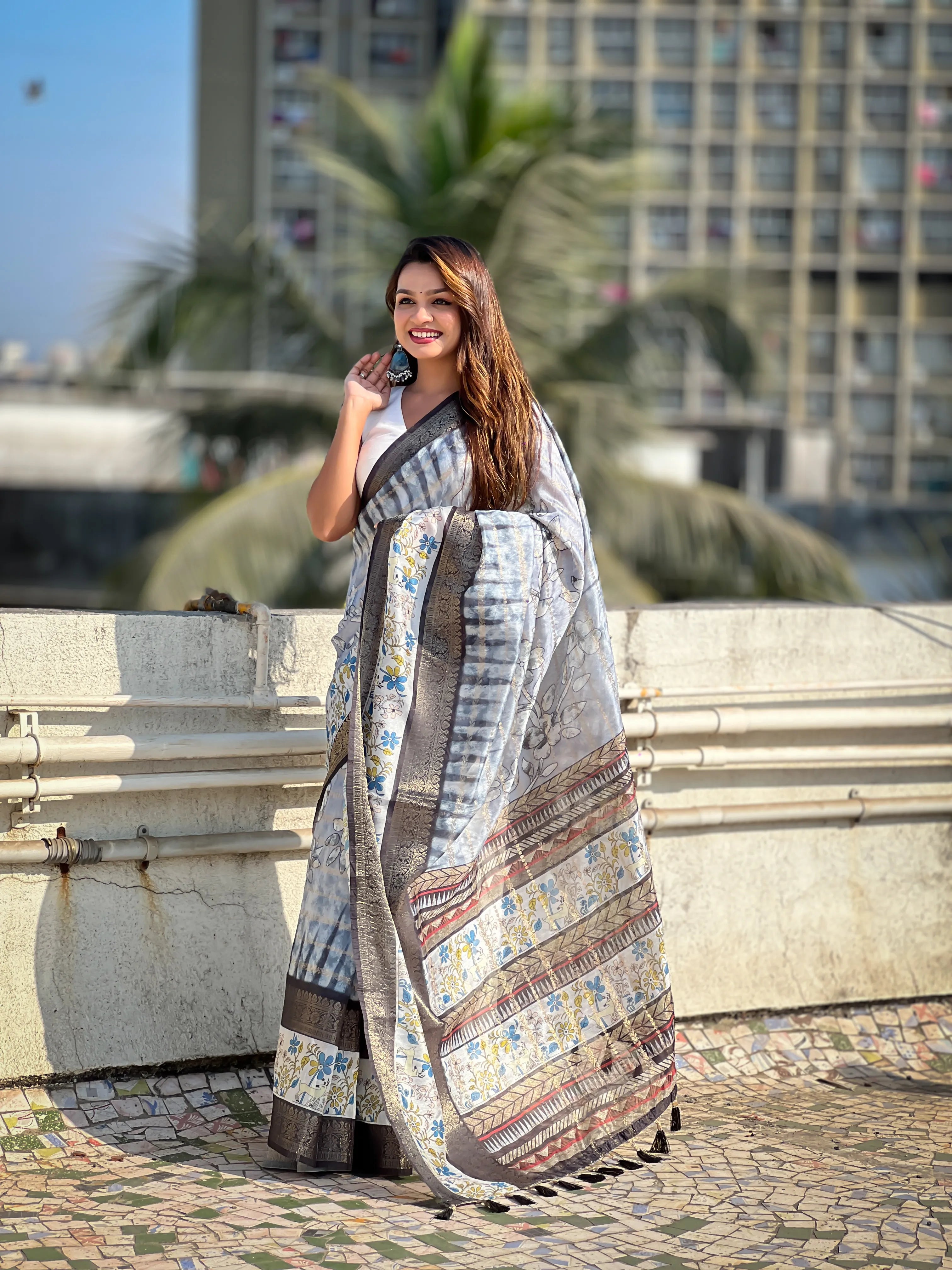 Soft Chanderi Crush Floral Printed Saree