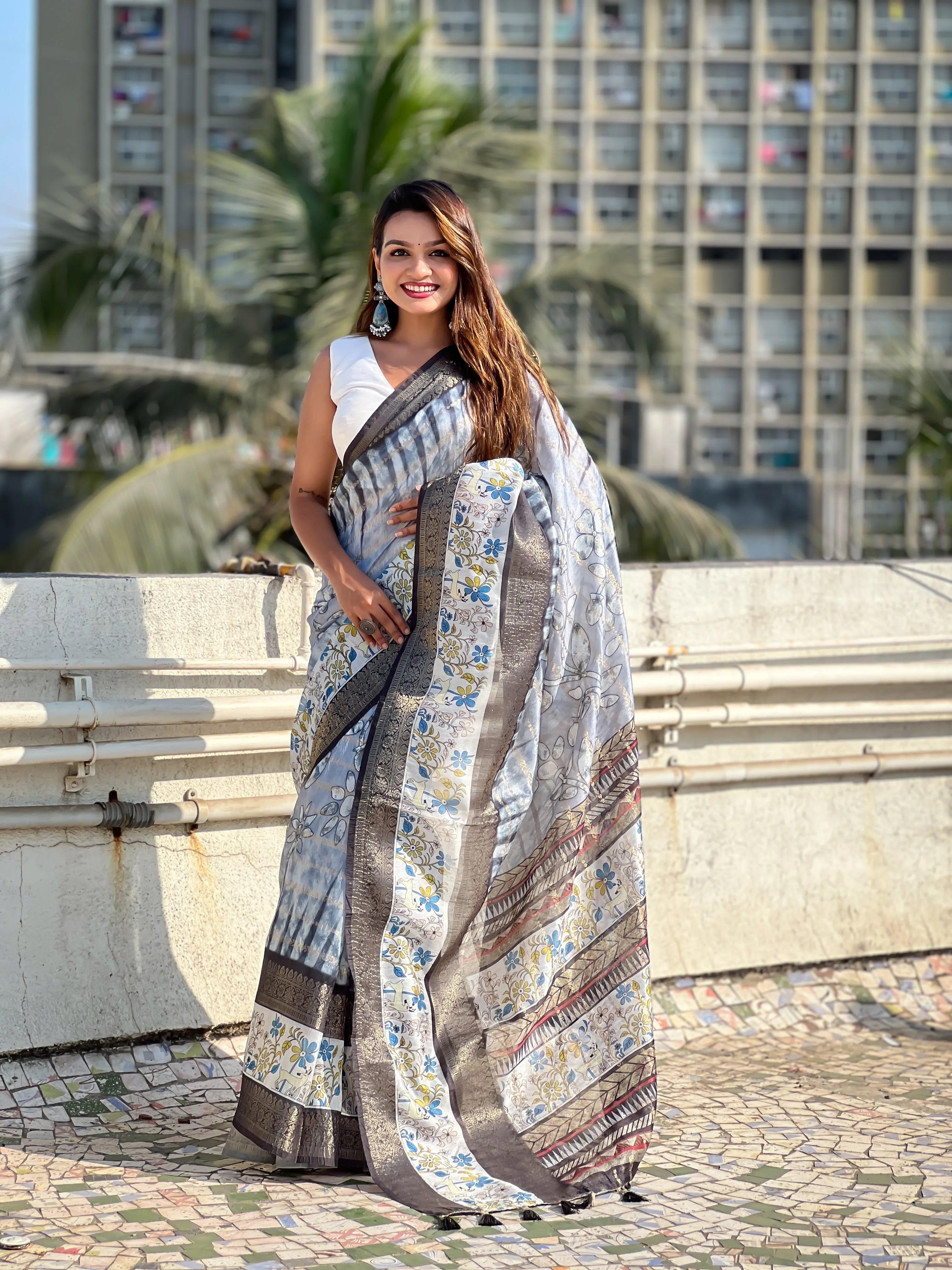 Soft Chanderi Crush Floral Printed Saree