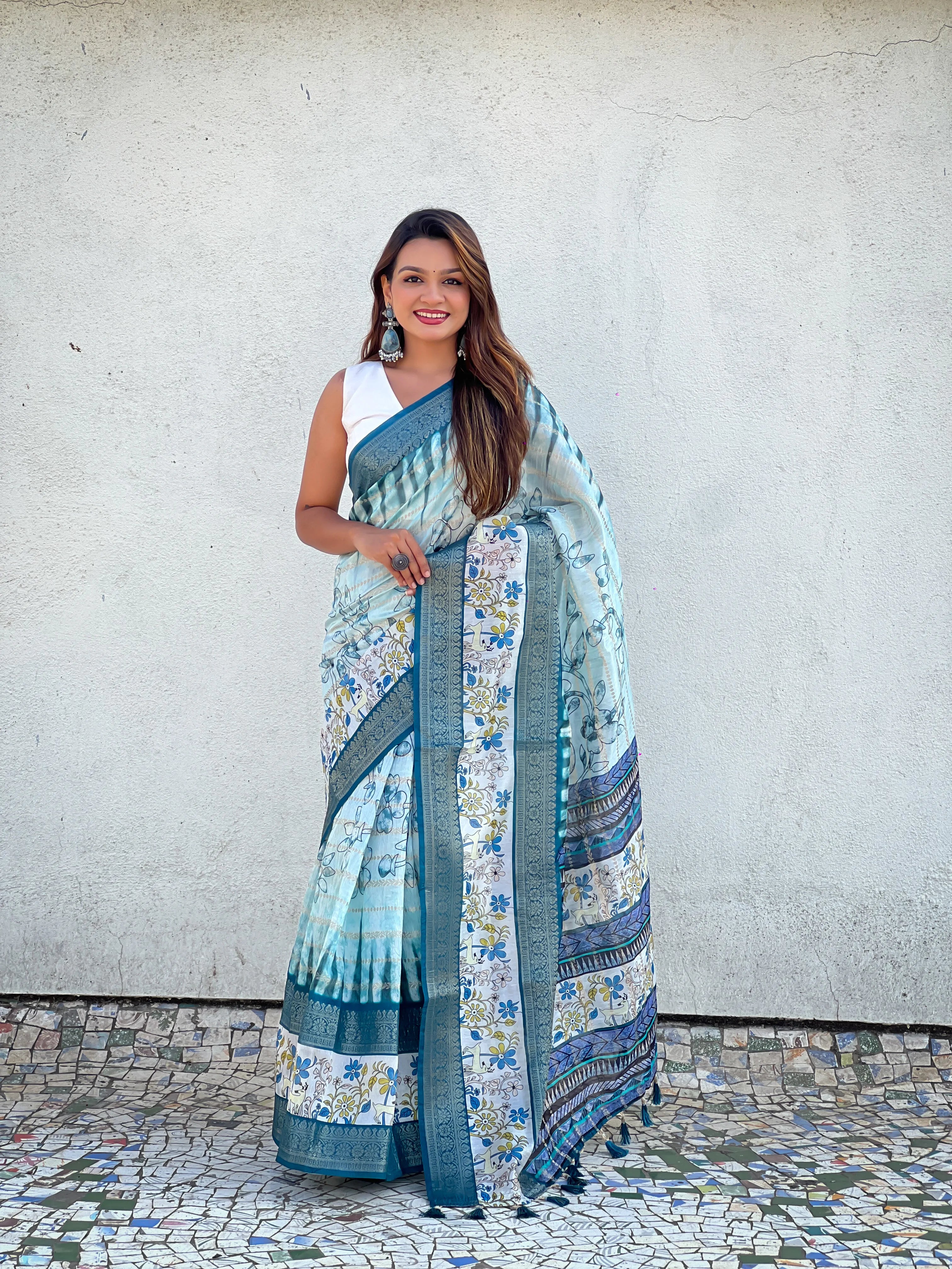 Soft Chanderi Crush Floral Printed Saree