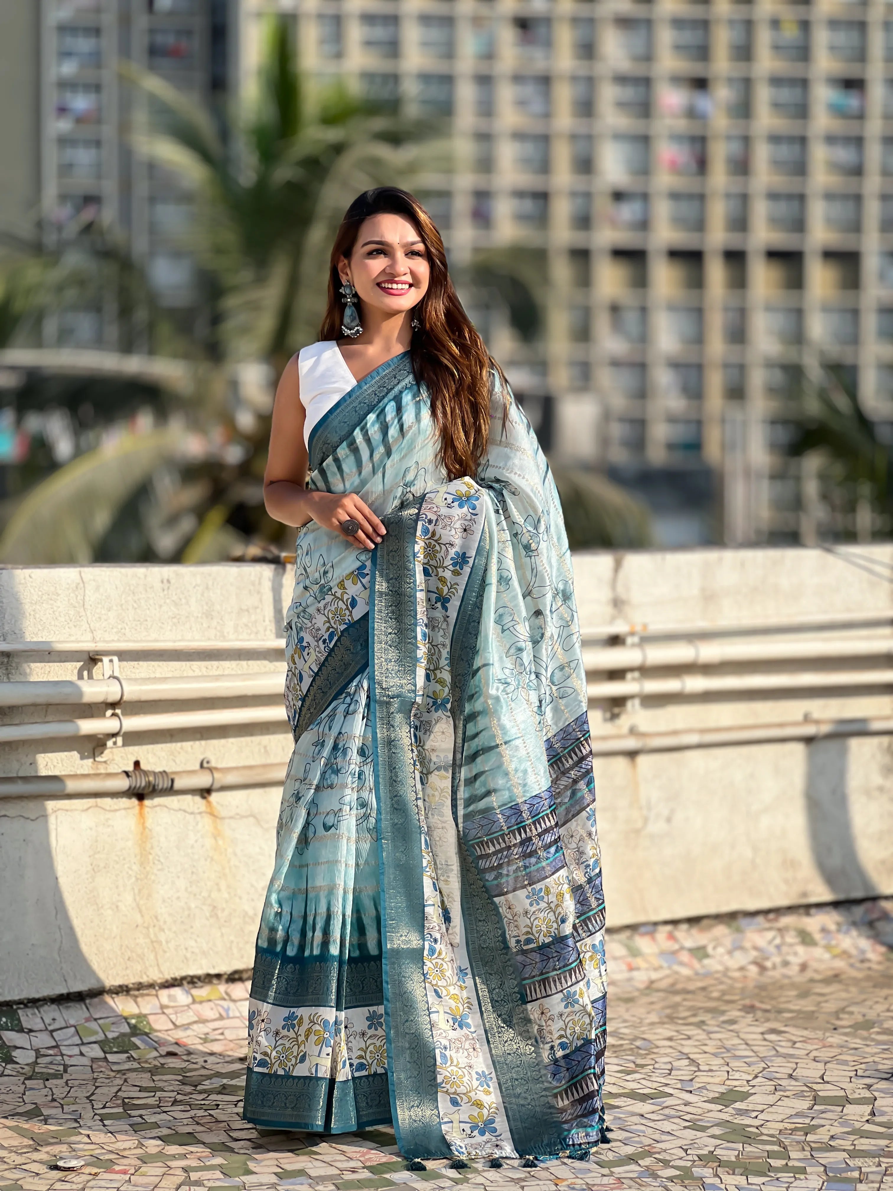 Soft Chanderi Crush Floral Printed Saree