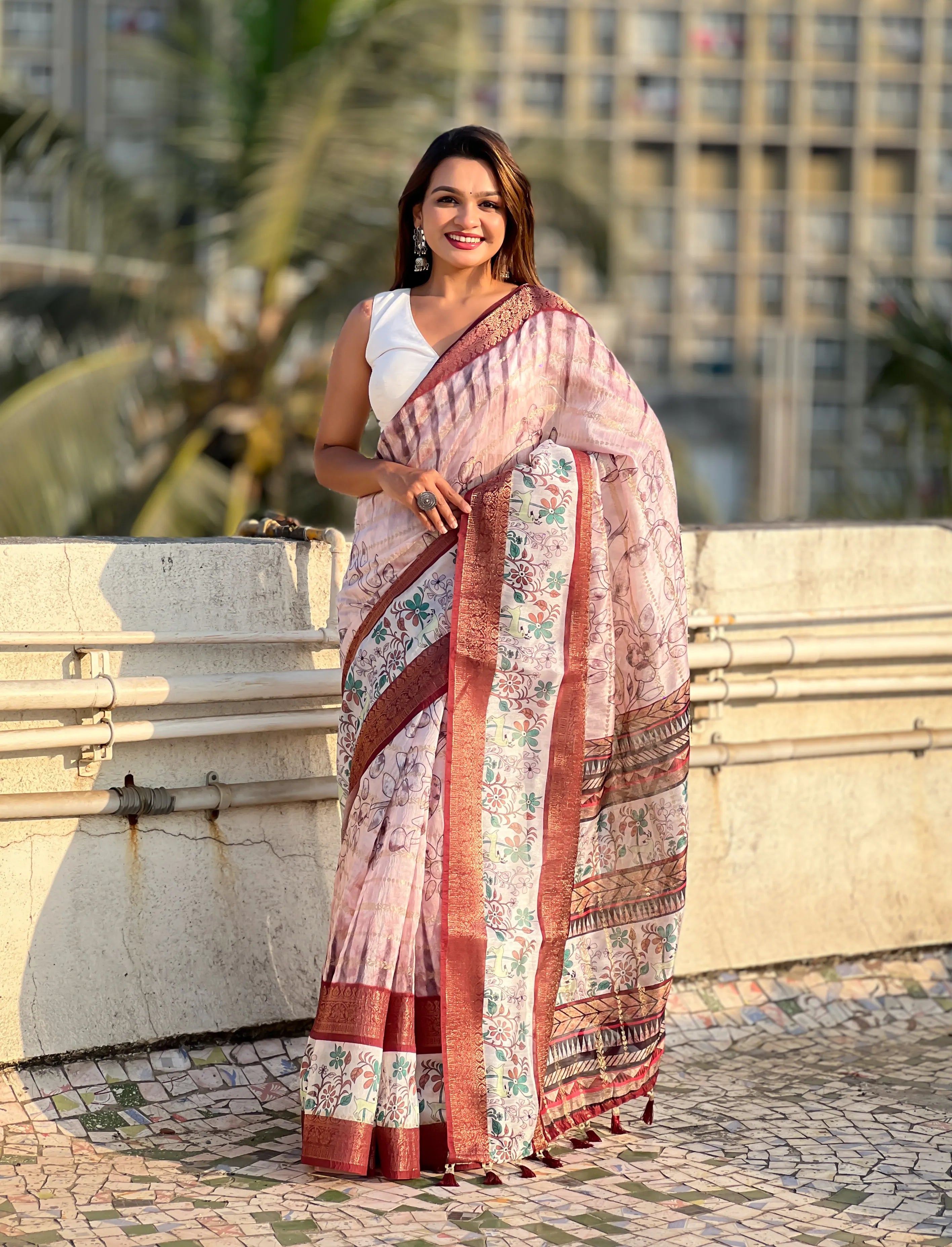 Soft Chanderi Crush Floral Printed Saree