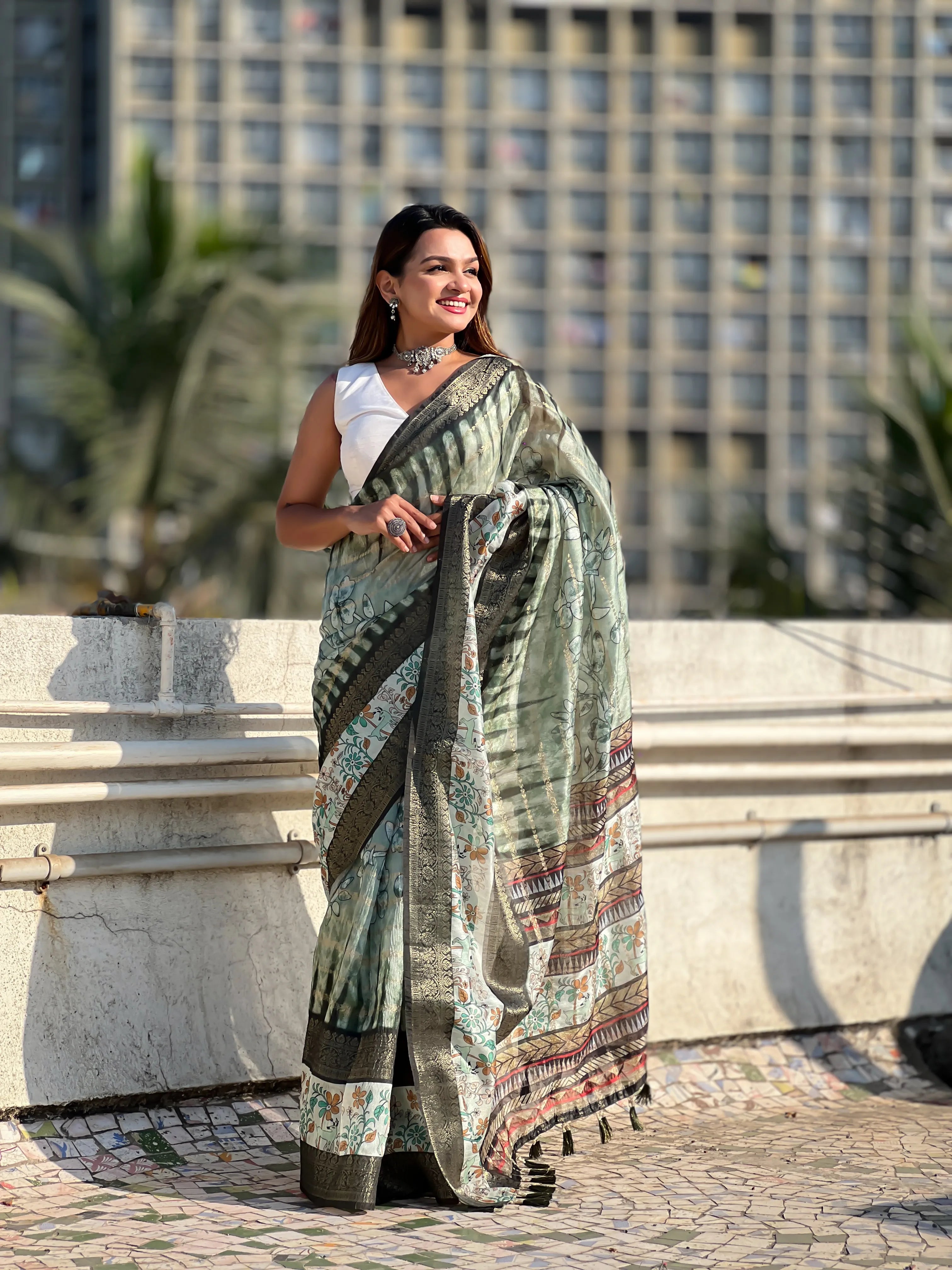 Soft Chanderi Crush Floral Printed Saree