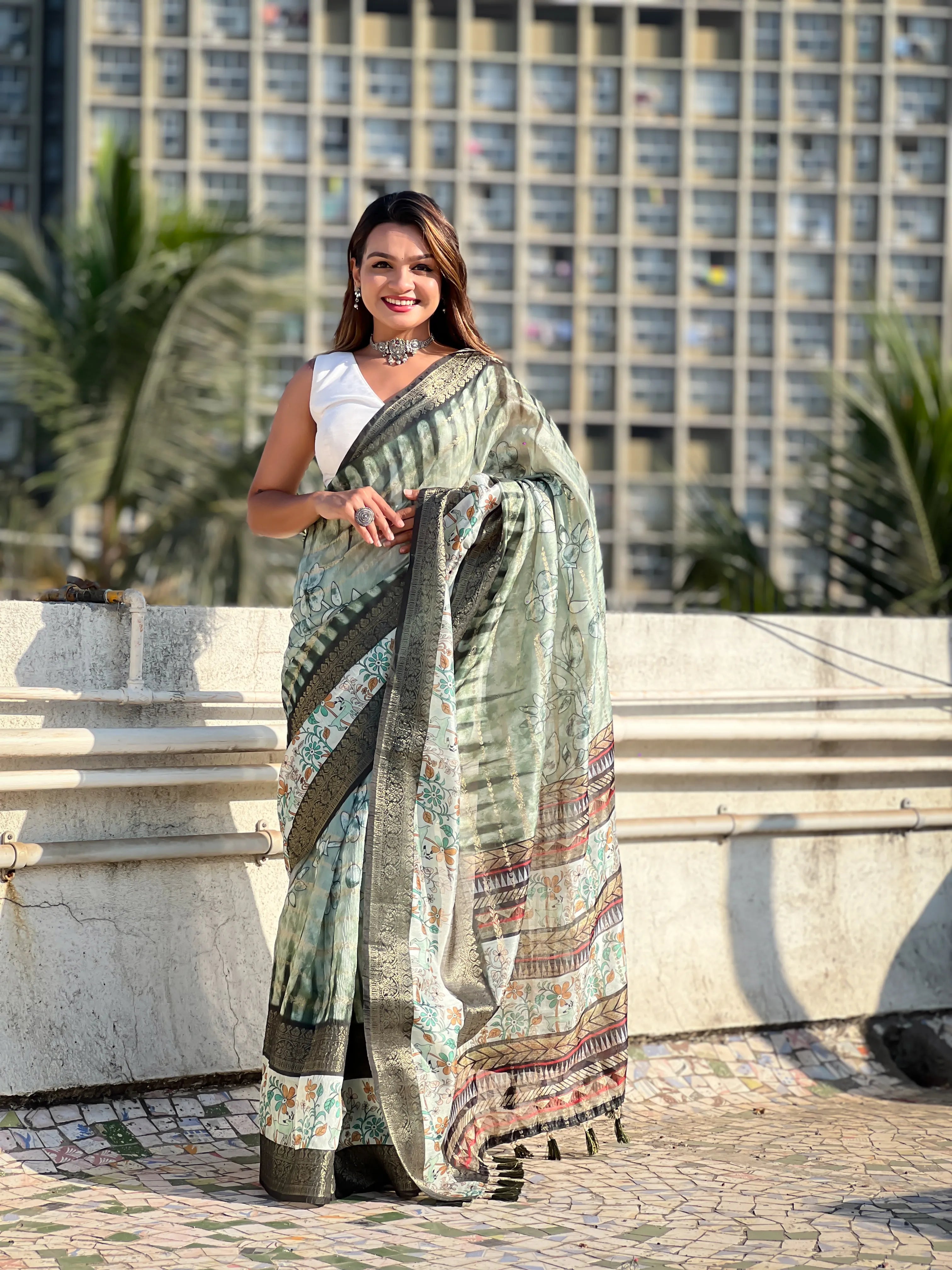 Soft Chanderi Crush Floral Printed Saree