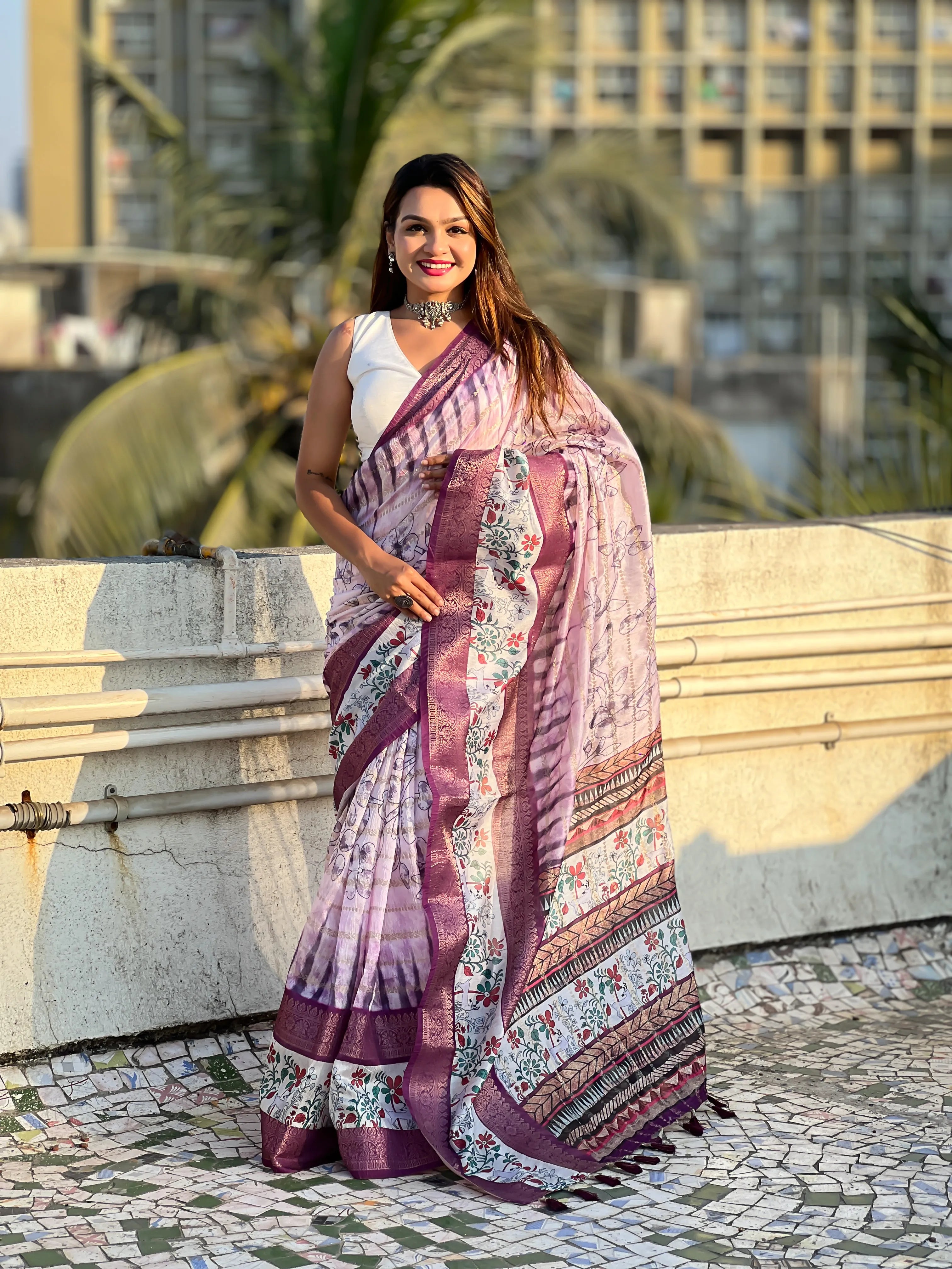Soft Chanderi Crush Floral Printed Saree