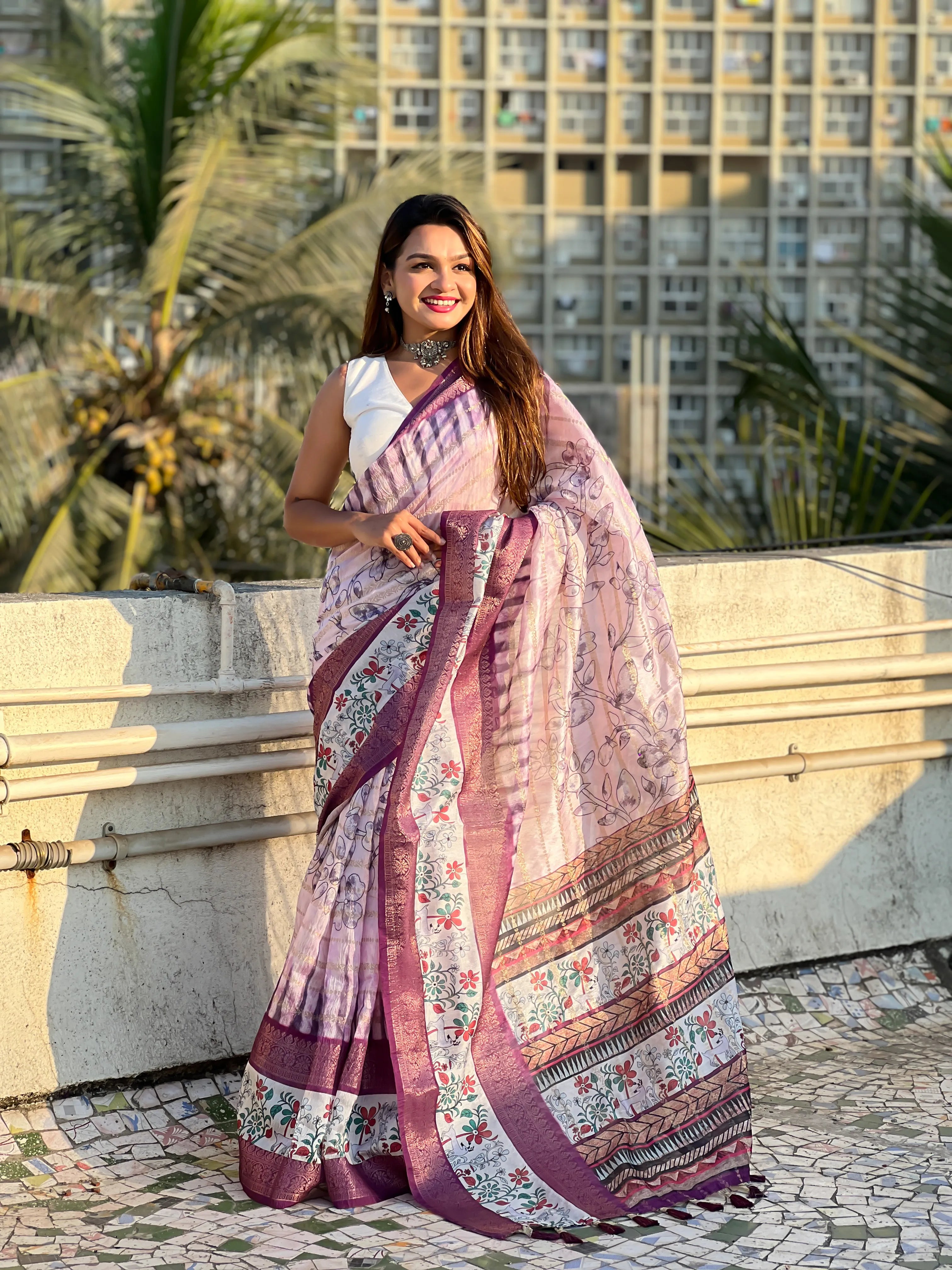 Soft Chanderi Crush Floral Printed Saree