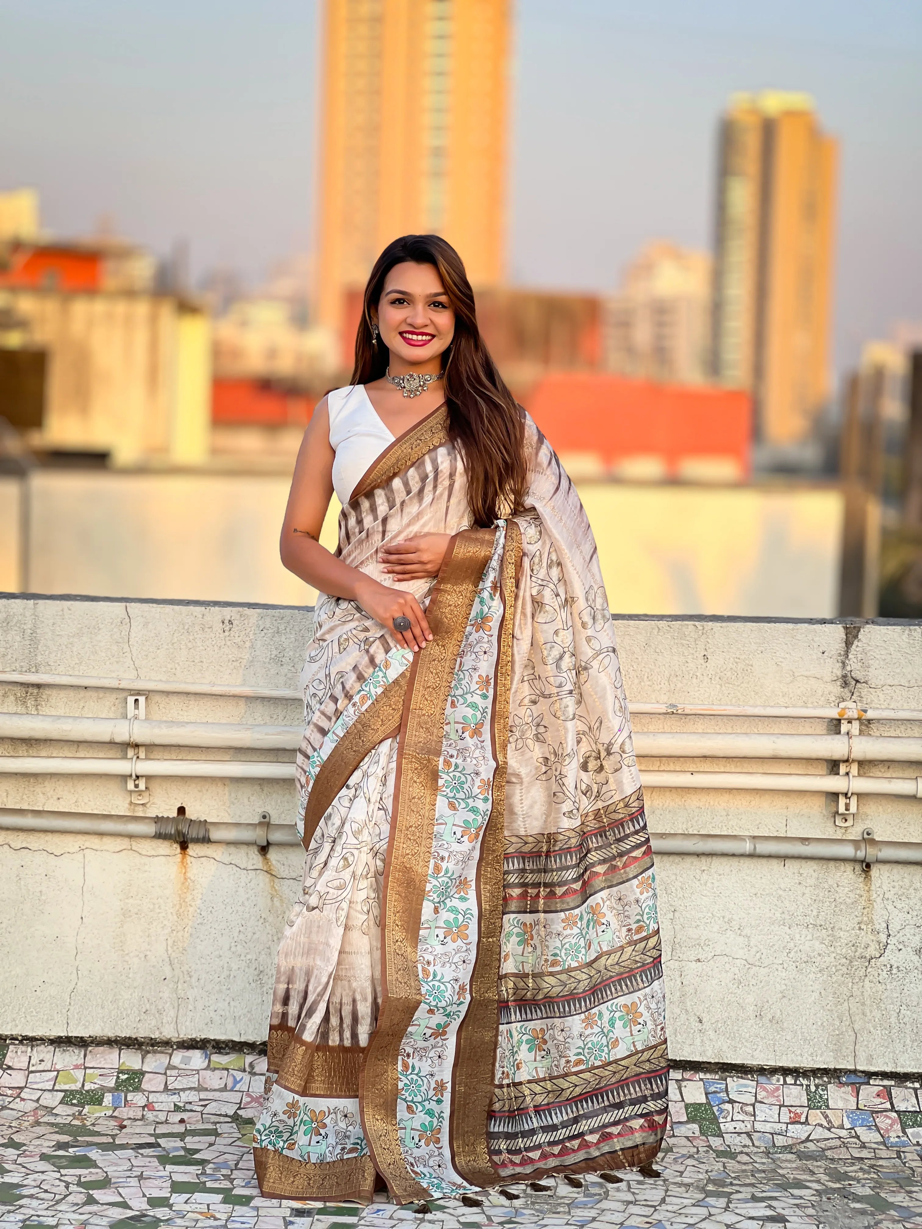 Soft Chanderi Crush Floral Printed Saree