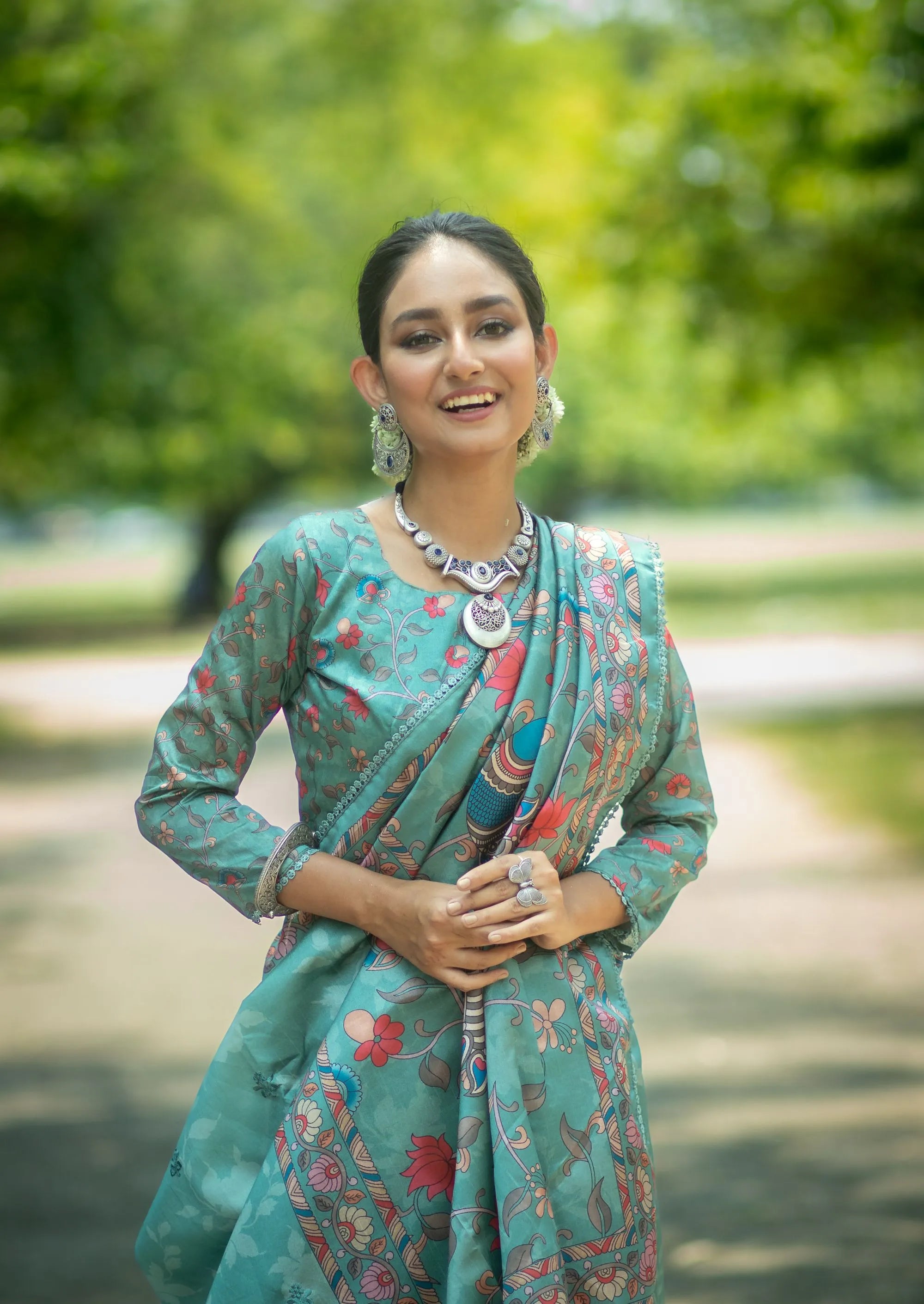 Embroidered Kalamkari Printed Saree