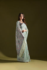 Pichwai Lotus Floral Weaving Muga Cotton Saree