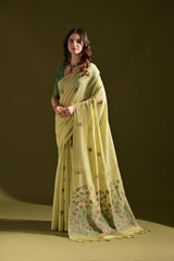 Pichwai Lotus Floral Weaving Muga Cotton Saree