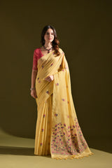 Pichwai Lotus Floral Weaving Muga Cotton Saree