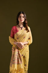 Pichwai Lotus Floral Weaving Muga Cotton Saree
