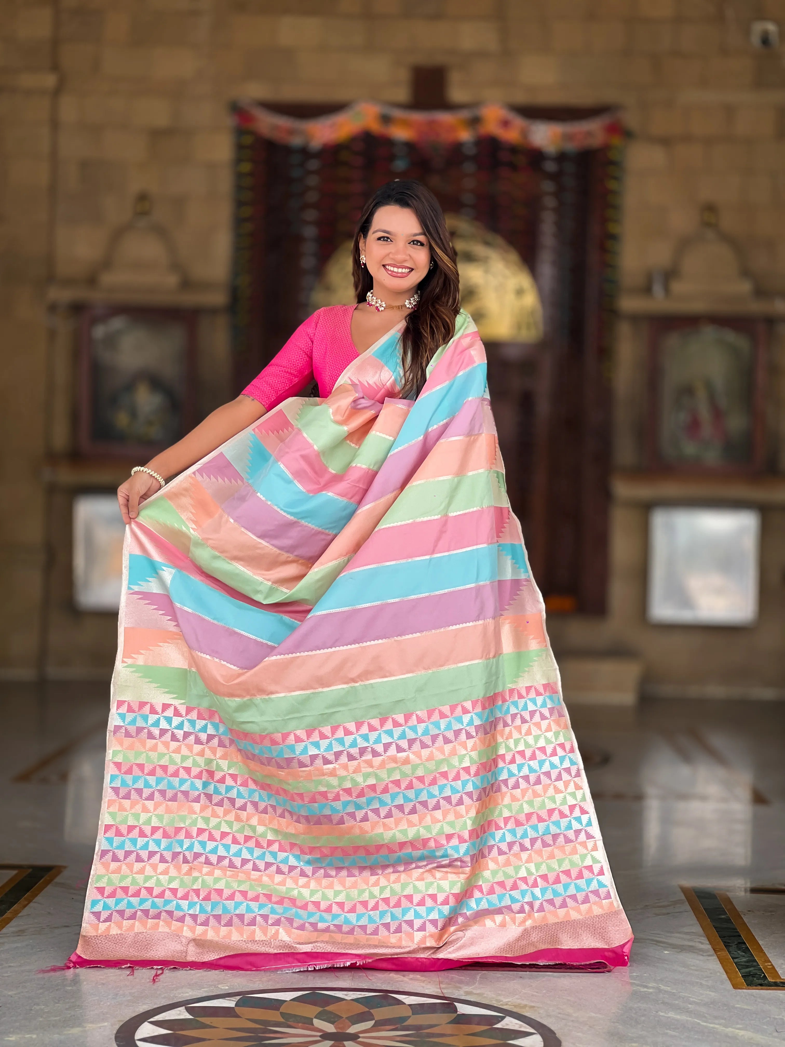 Soft Silk Multi Temple Banarasi Saree