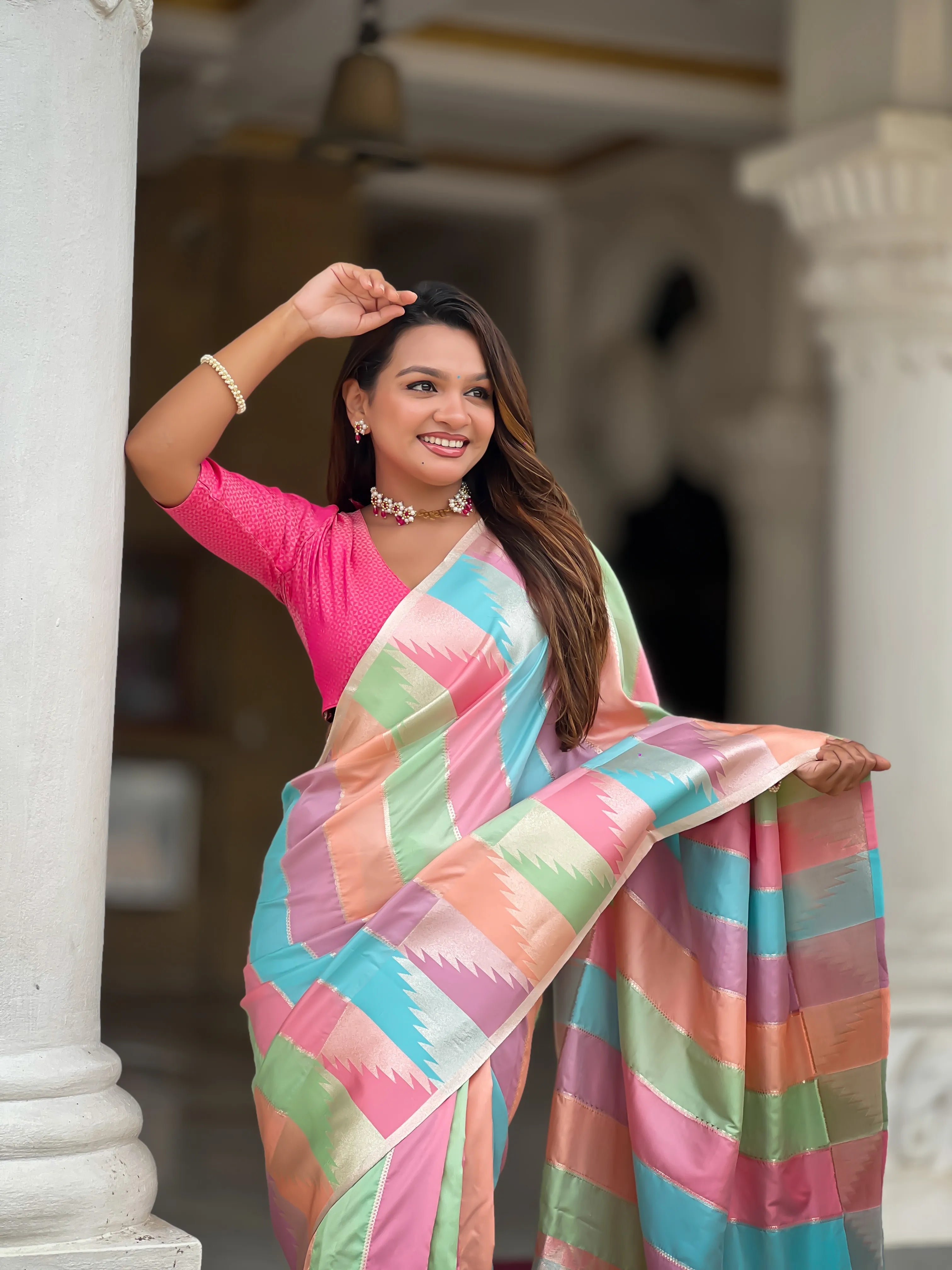 Soft Silk Multi Temple Banarasi Saree
