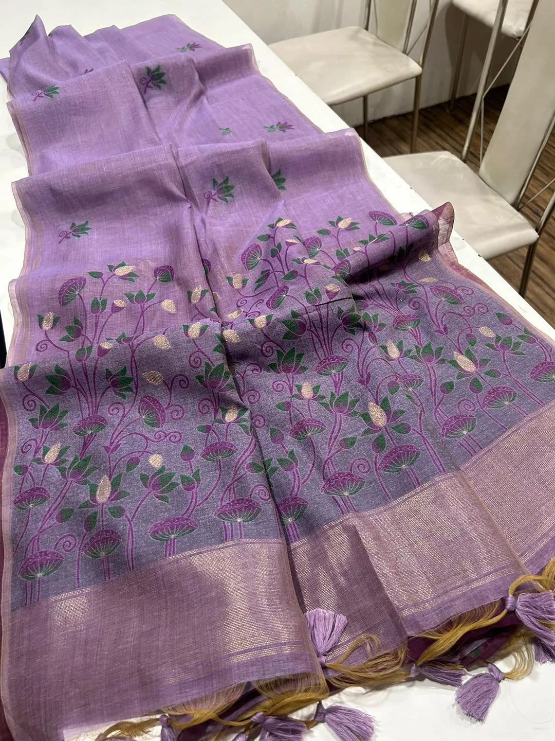Pichwai Lotus Floral Weaving Muga Cotton Saree