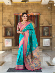 Peacock Paithani Soft Silk Traditional Kadiyal Border Saree