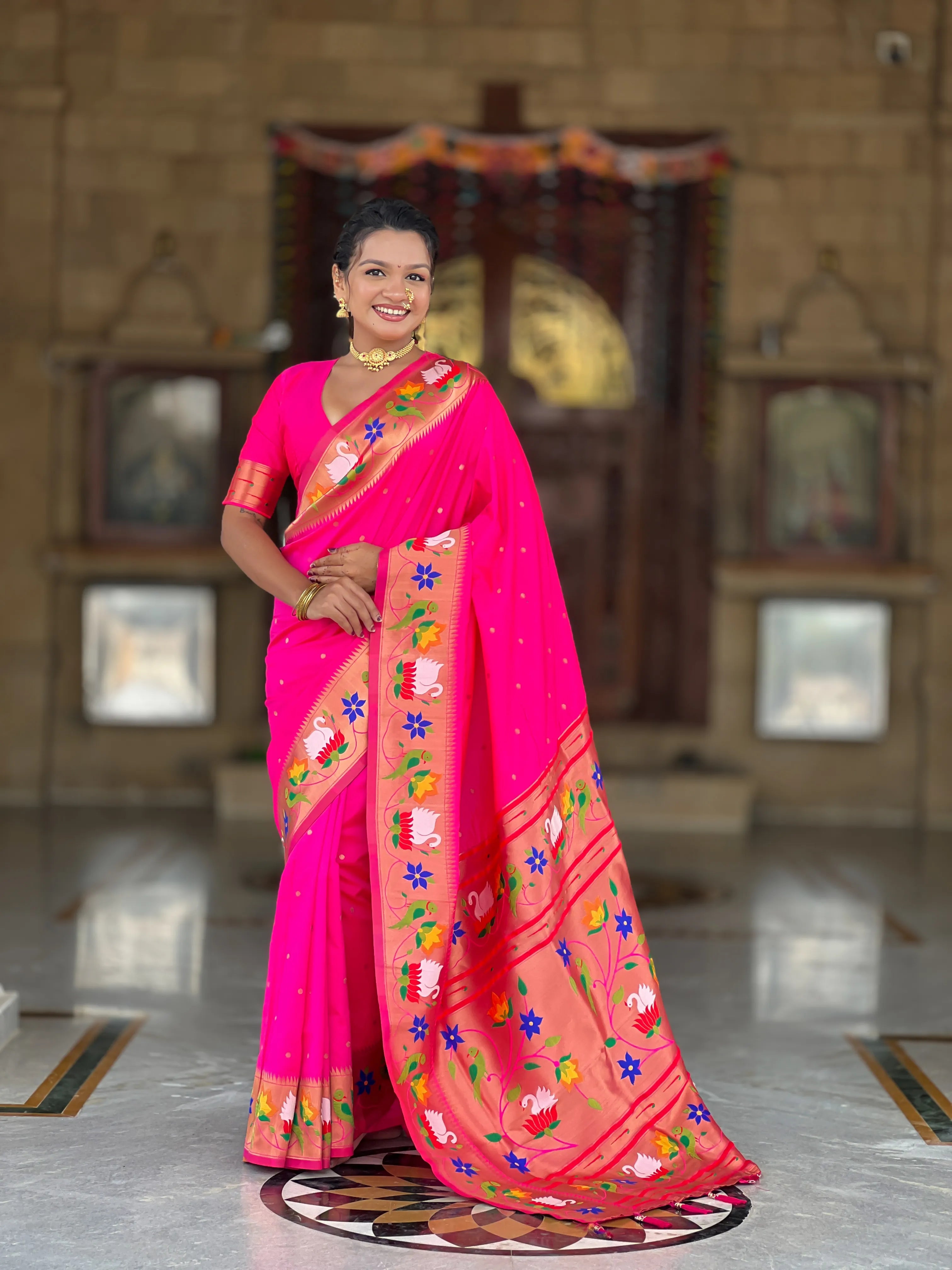 Soft Silk Meenakari Rajhans Lotus Pallu Saree