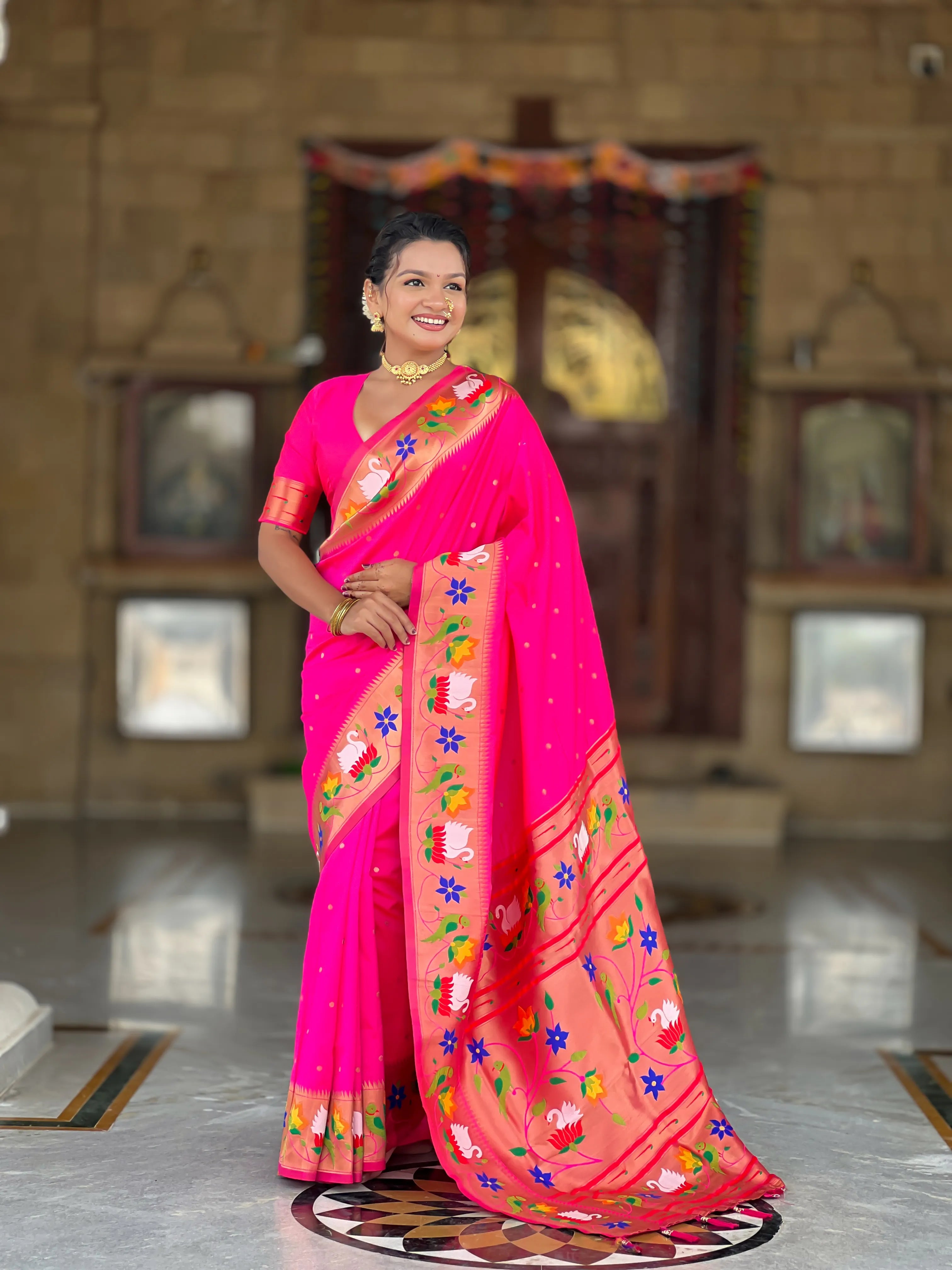 Soft Silk Meenakari Rajhans Lotus Pallu Saree