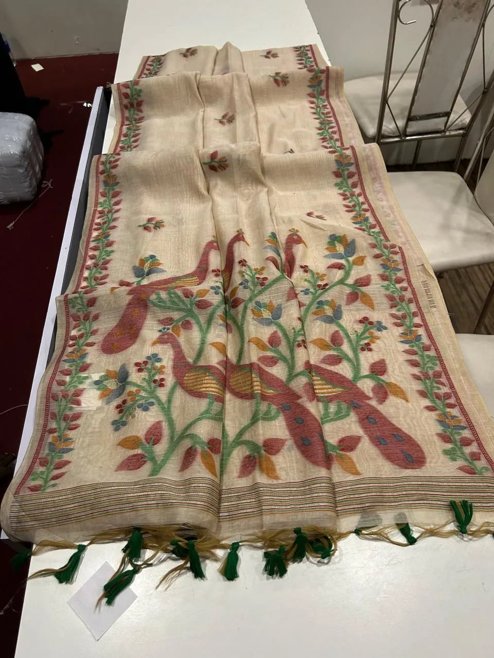 Soft Peacock Design Muga Cotton Saree