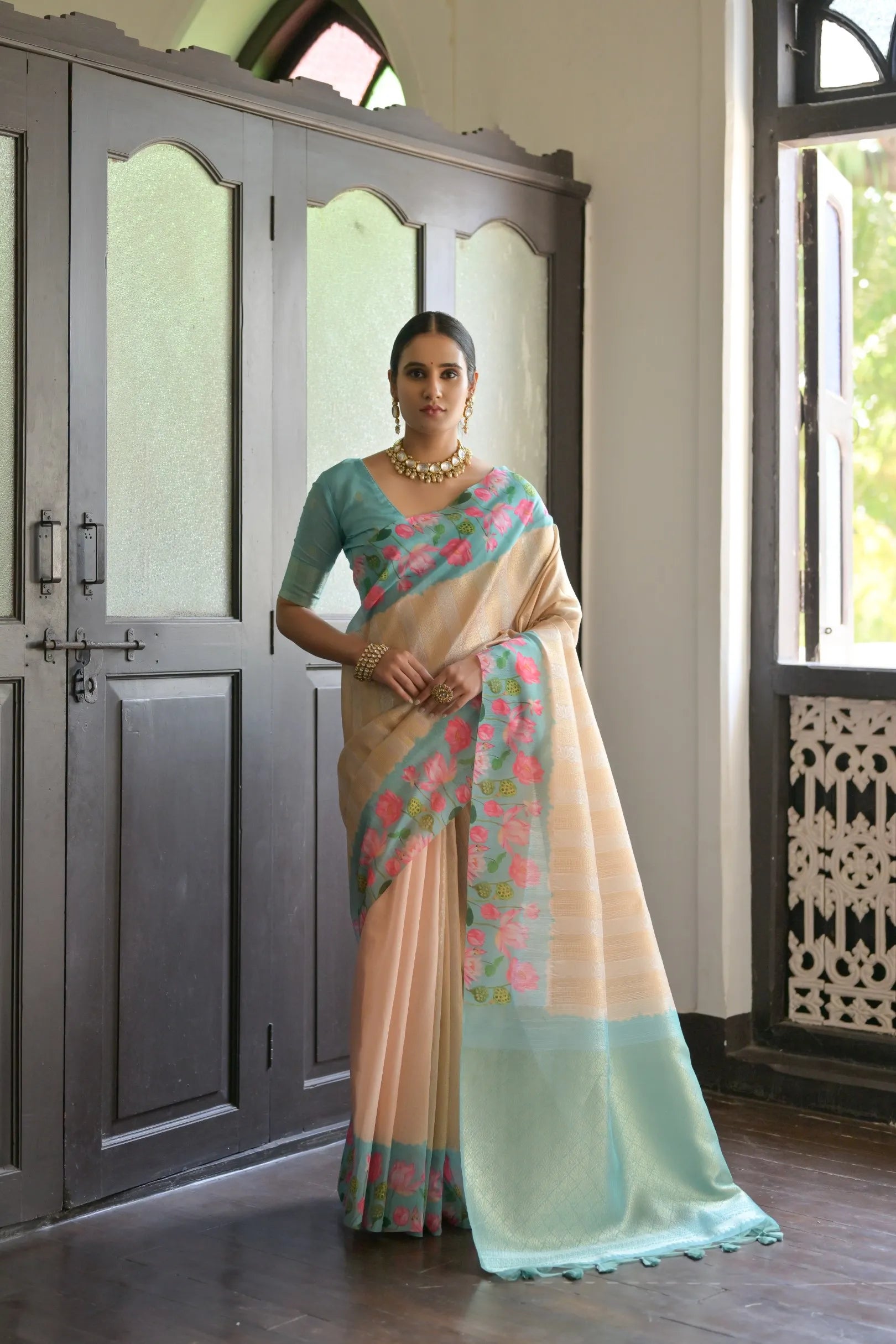 Soft Silk Lotus Pichwai Printed Saree