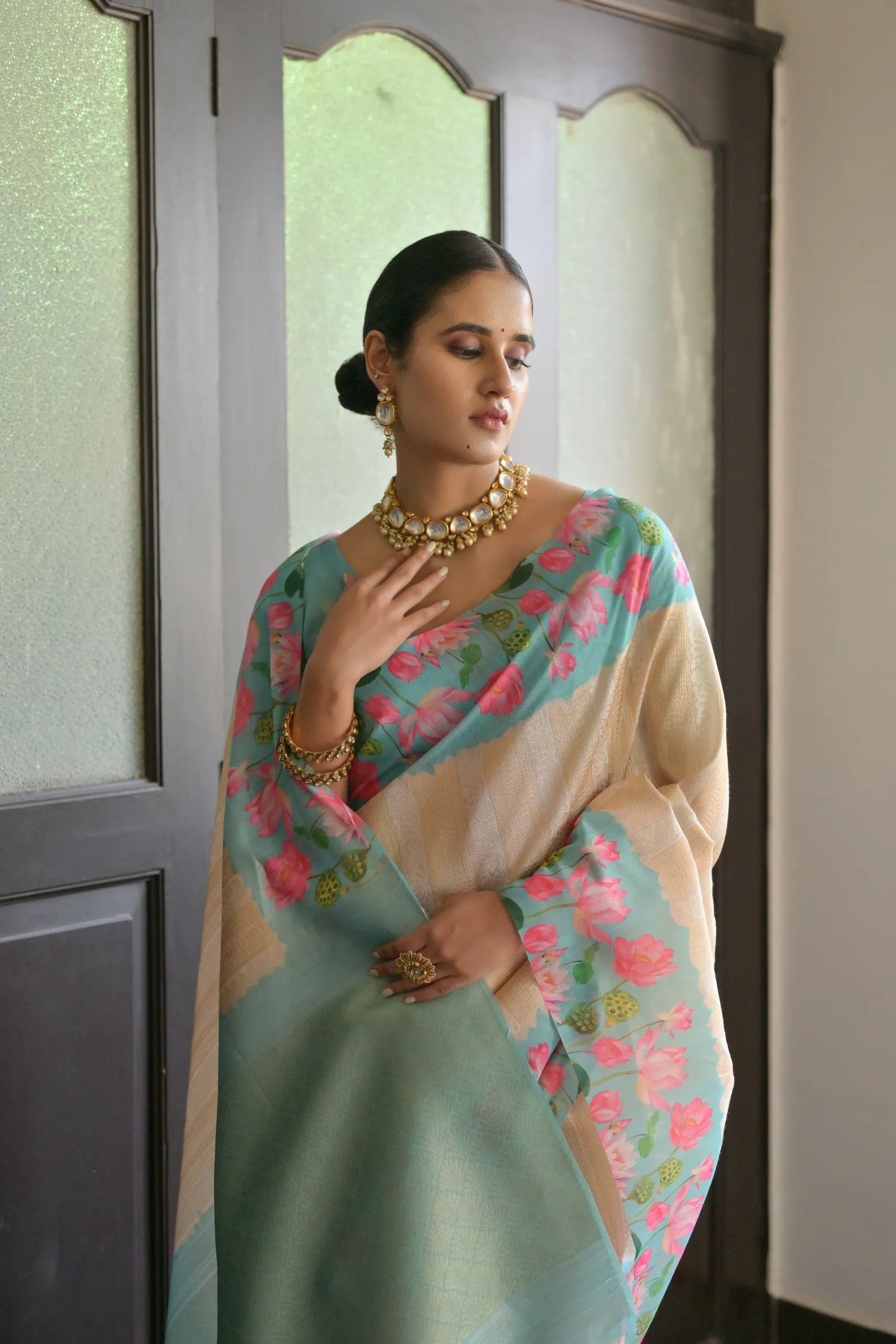 Soft Silk Lotus Pichwai Printed Saree