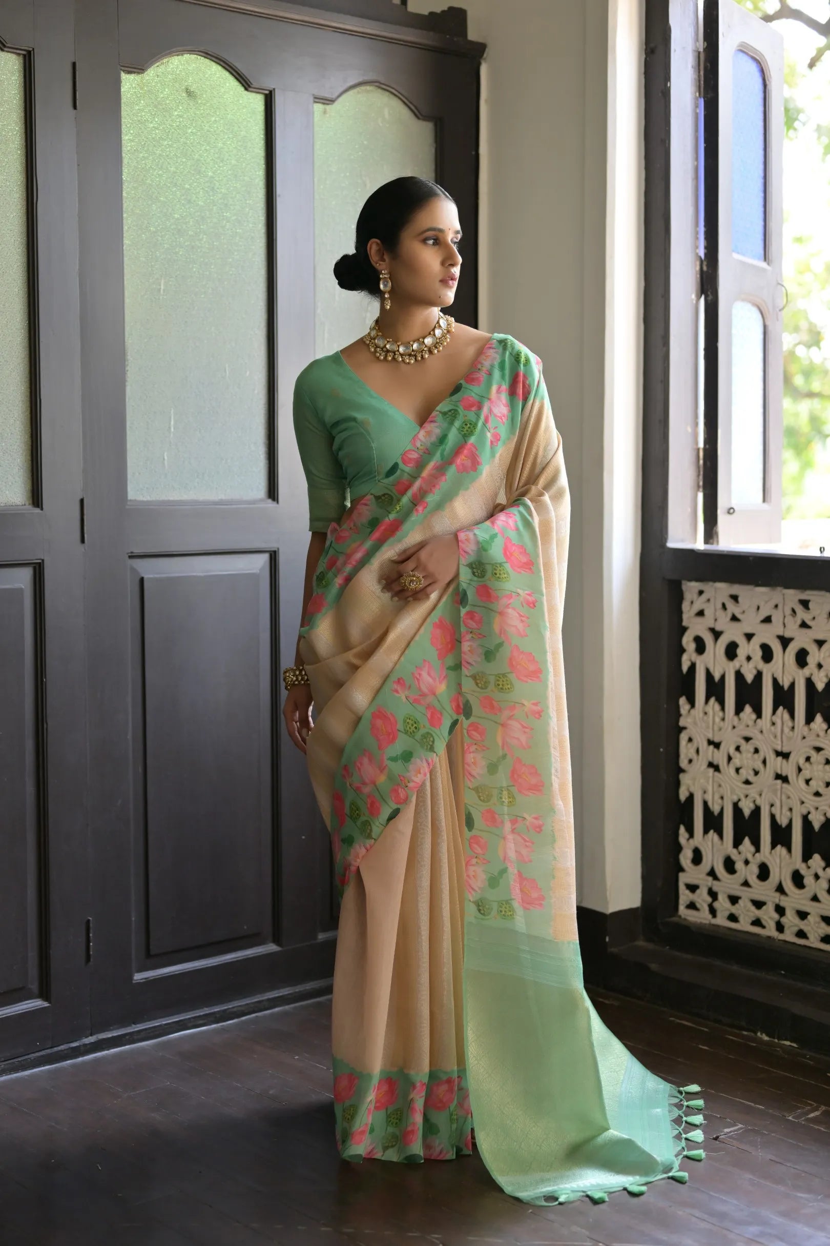 Soft Silk Lotus Pichwai Printed Saree
