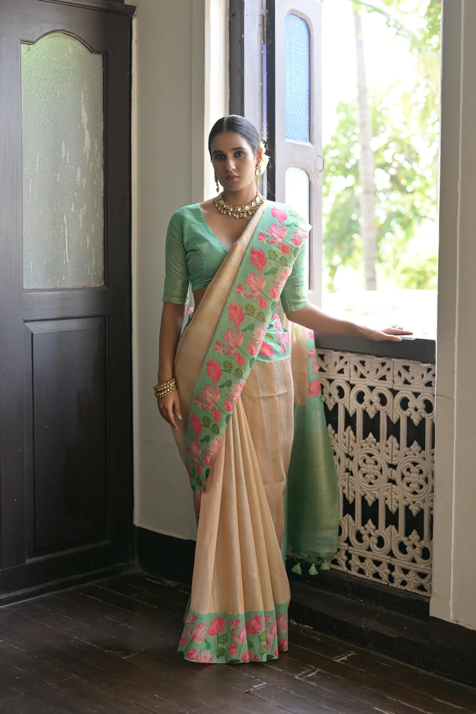 Soft Silk Lotus Pichwai Printed Saree