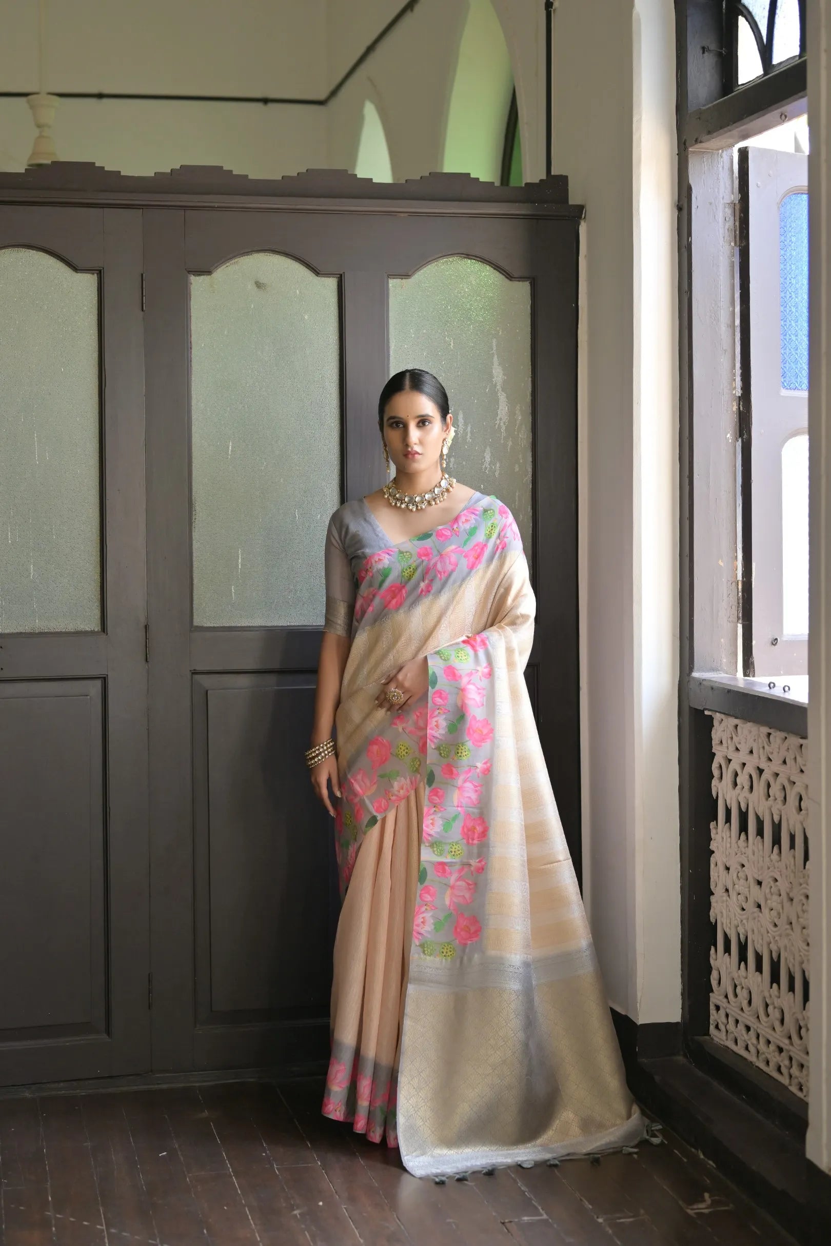 Soft Silk Lotus Pichwai Printed Saree