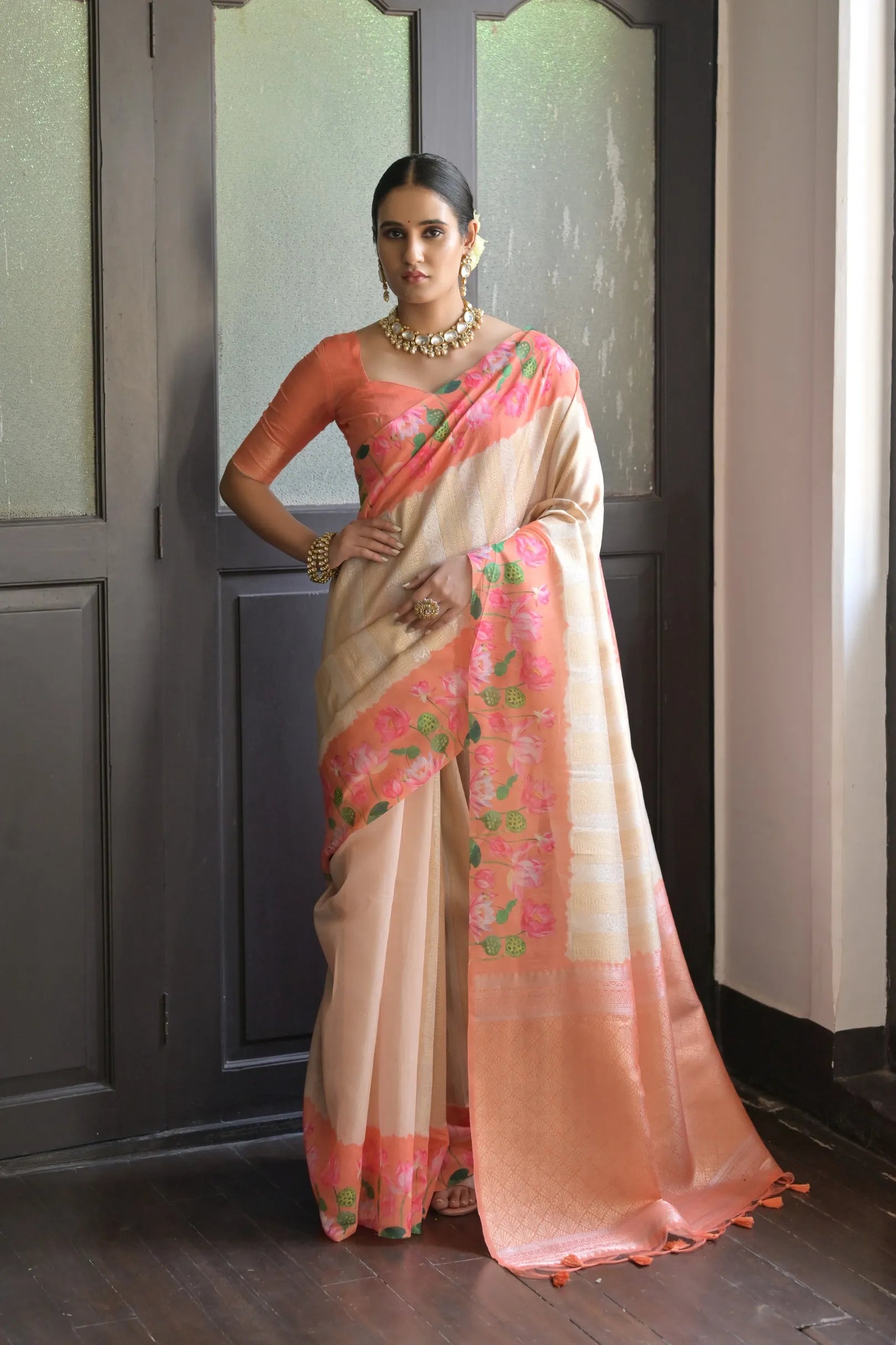 Soft Silk Lotus Pichwai Printed Saree