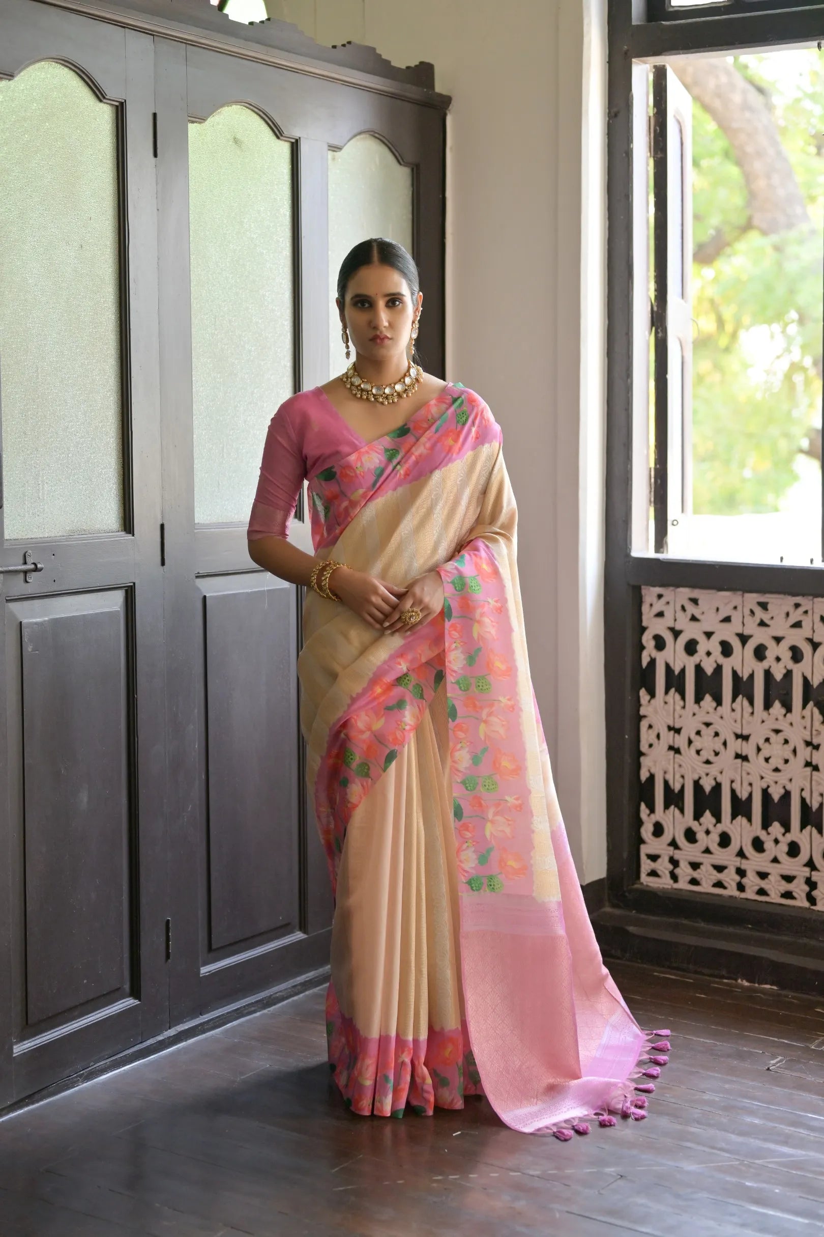 Soft Silk Lotus Pichwai Printed Saree