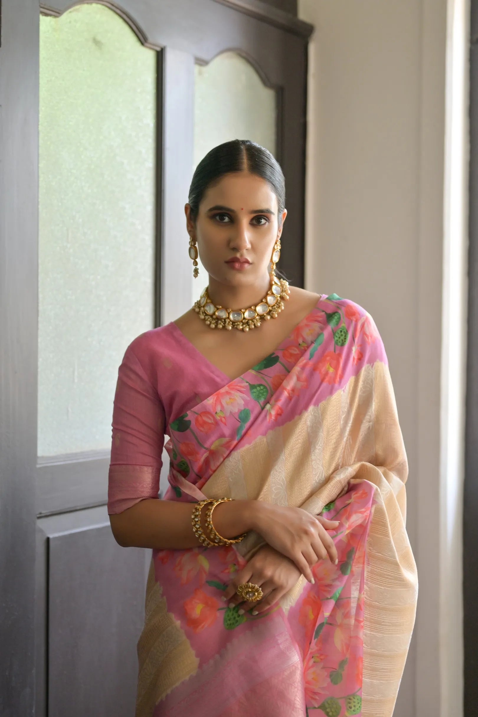 Soft Silk Lotus Pichwai Printed Saree