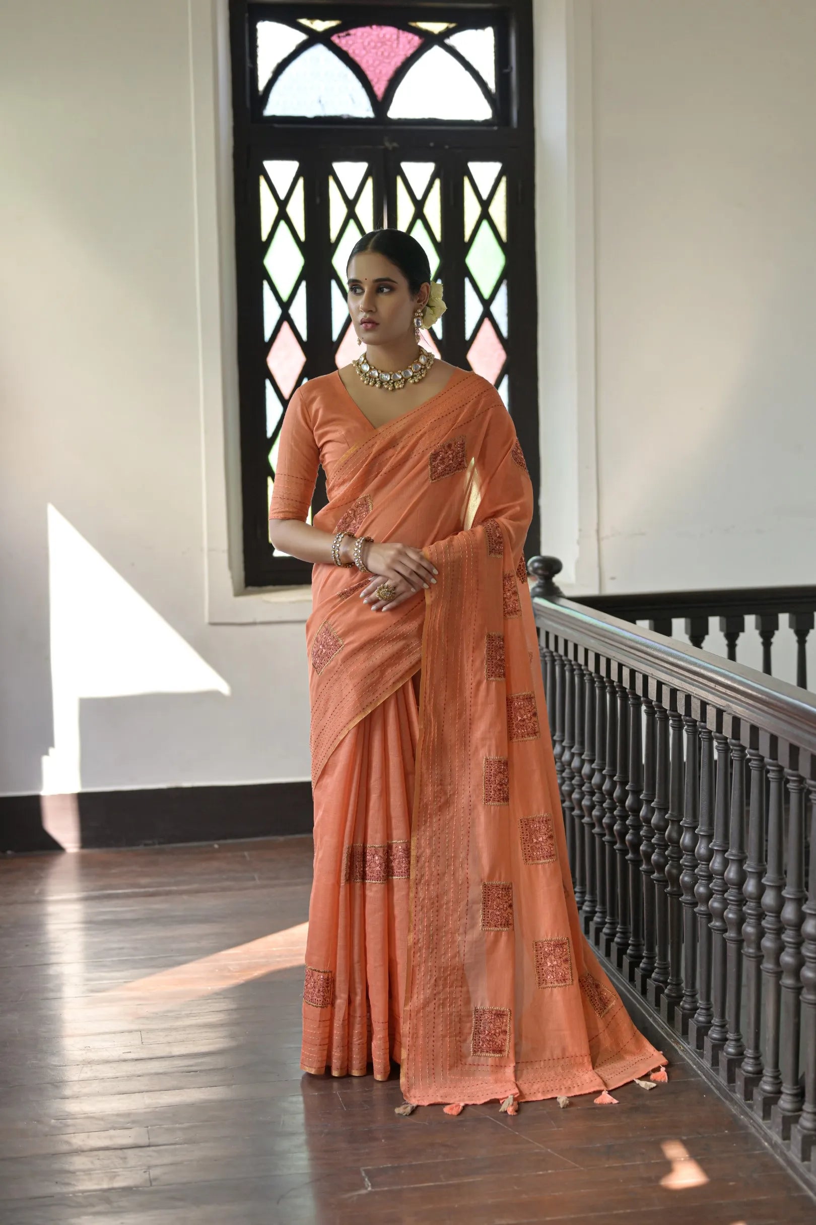 Khadi Tussar Silk Kantha Stich Work Saree