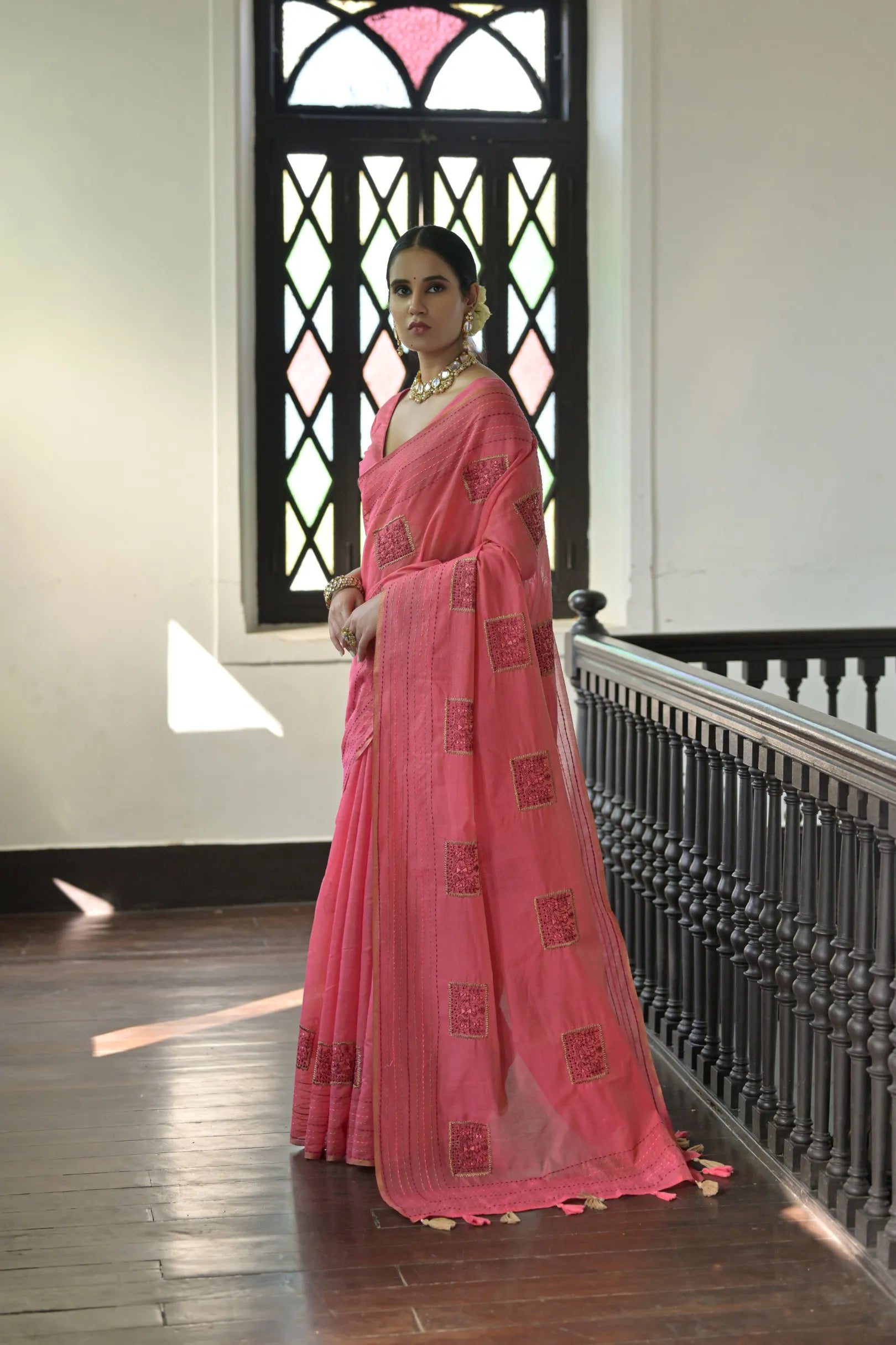 Khadi Tussar Silk Kantha Stich Work Saree