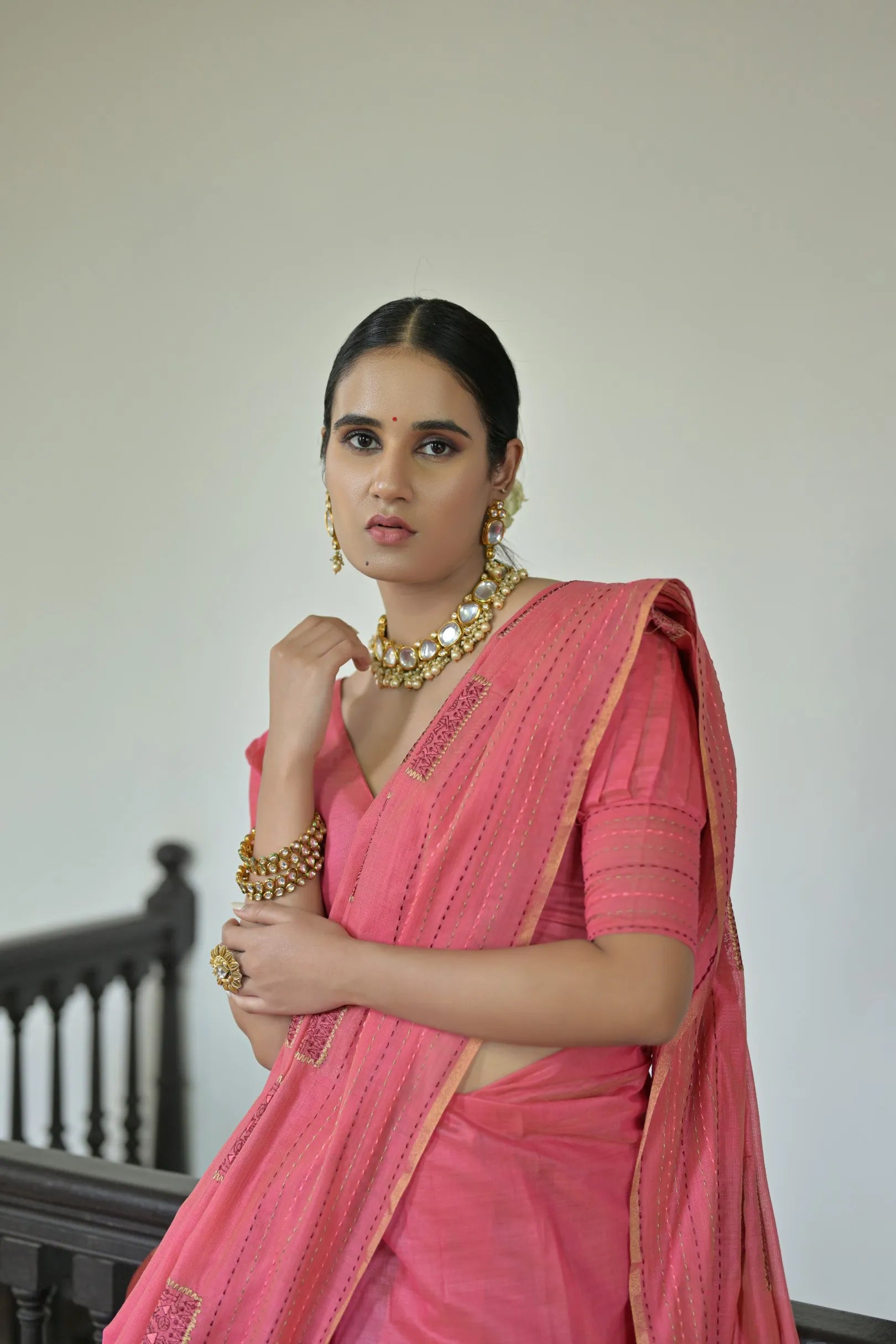 Khadi Tussar Silk Kantha Stich Work Saree