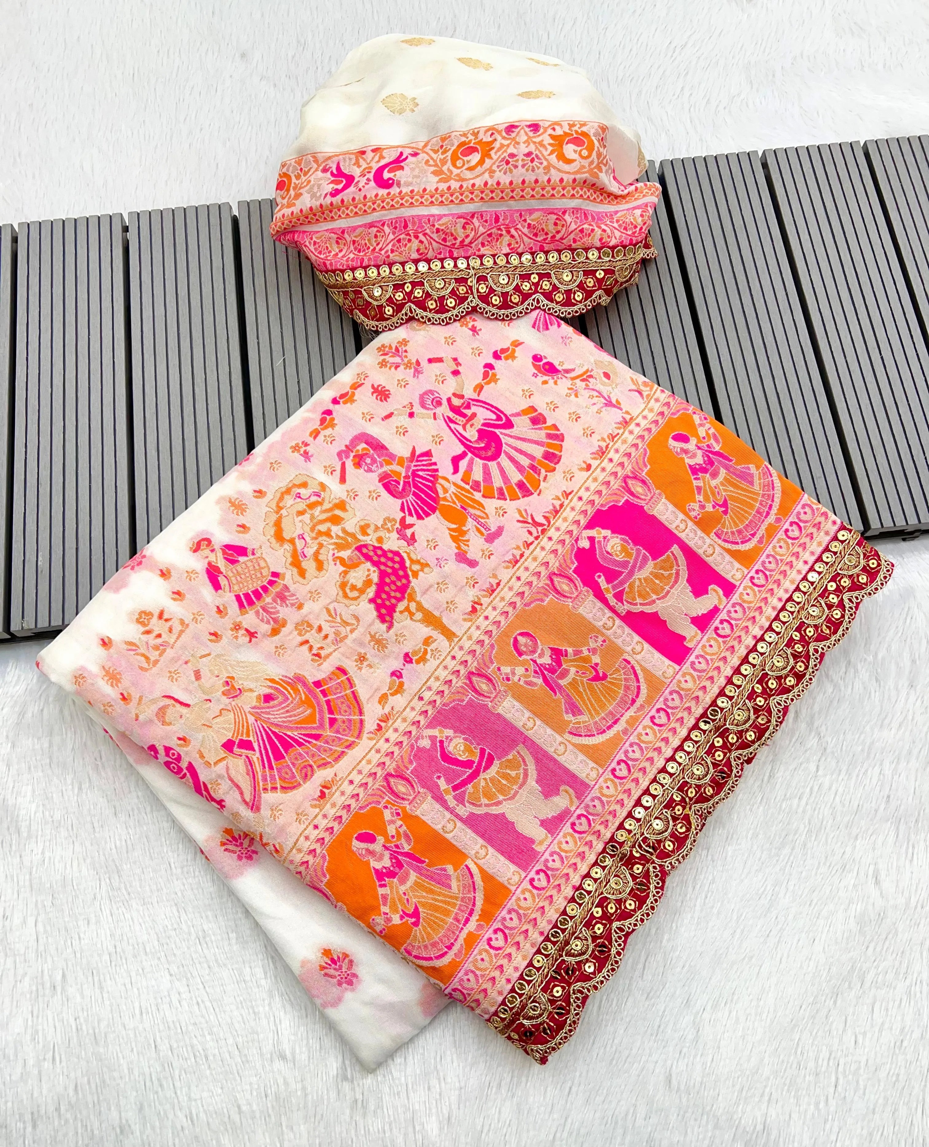 Soft Silk Pashmina Kashmiri Thread Lace Saree