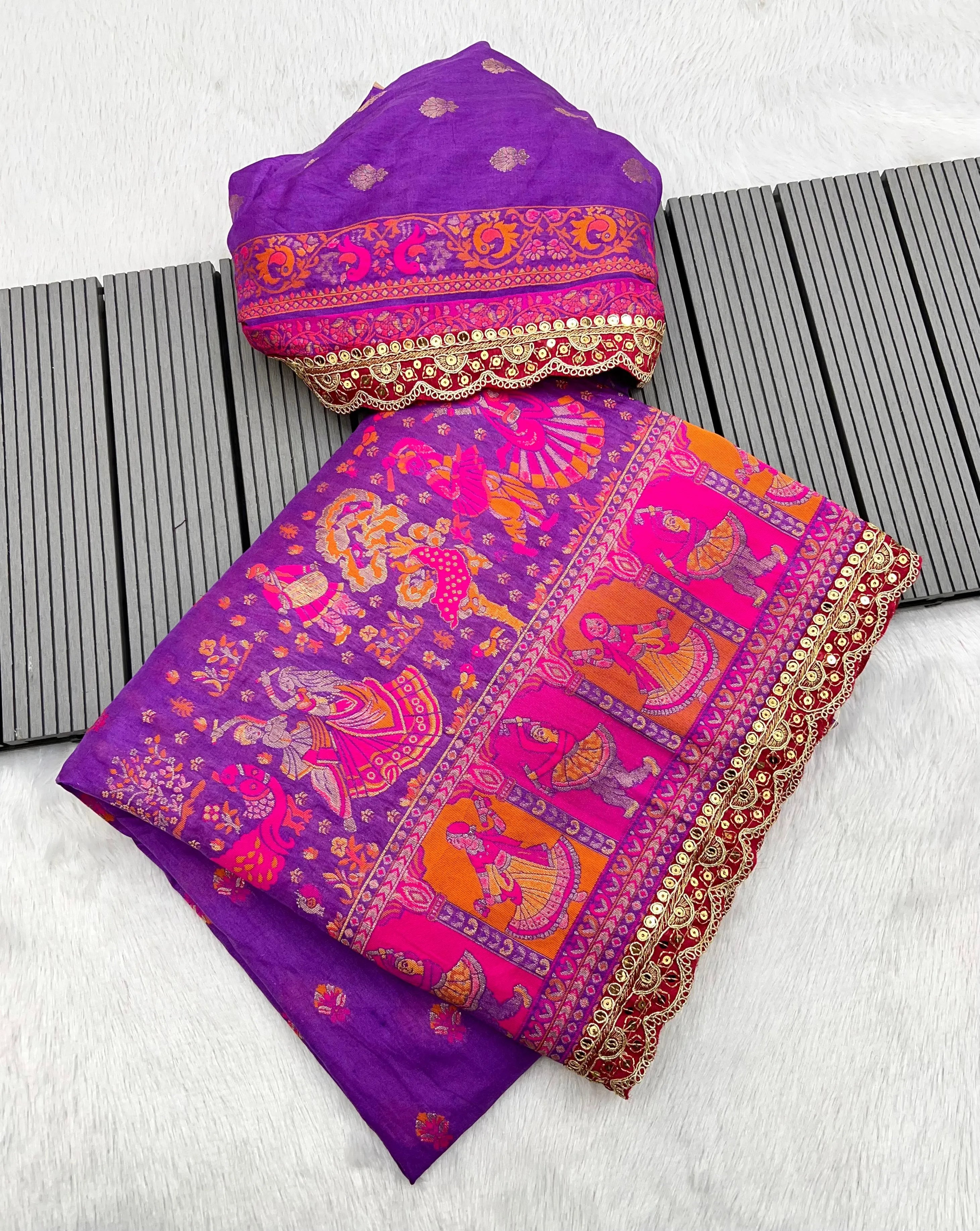 Soft Silk Pashmina Kashmiri Thread Lace Saree