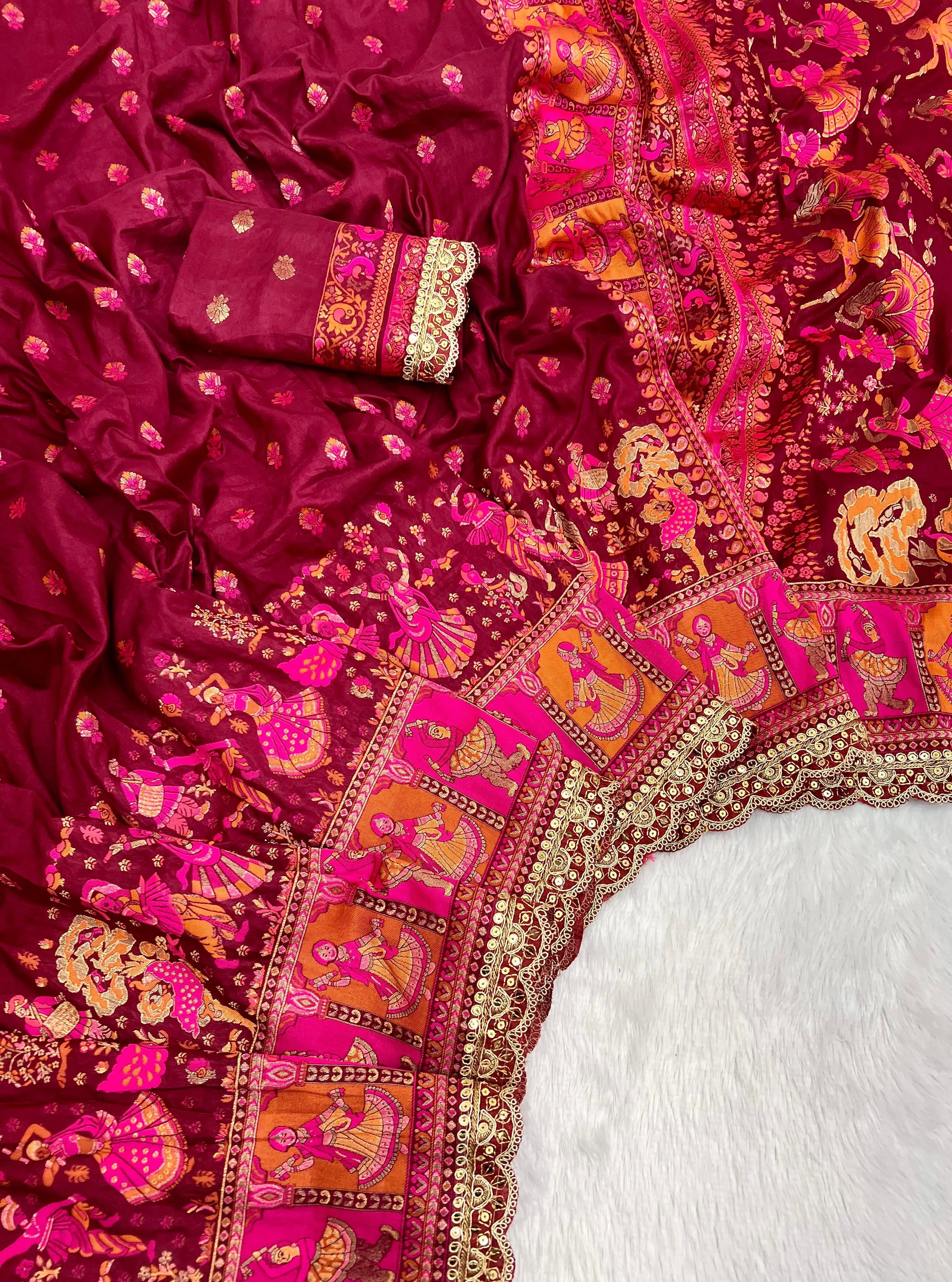 Soft Silk Pashmina Kashmiri Thread Lace Saree