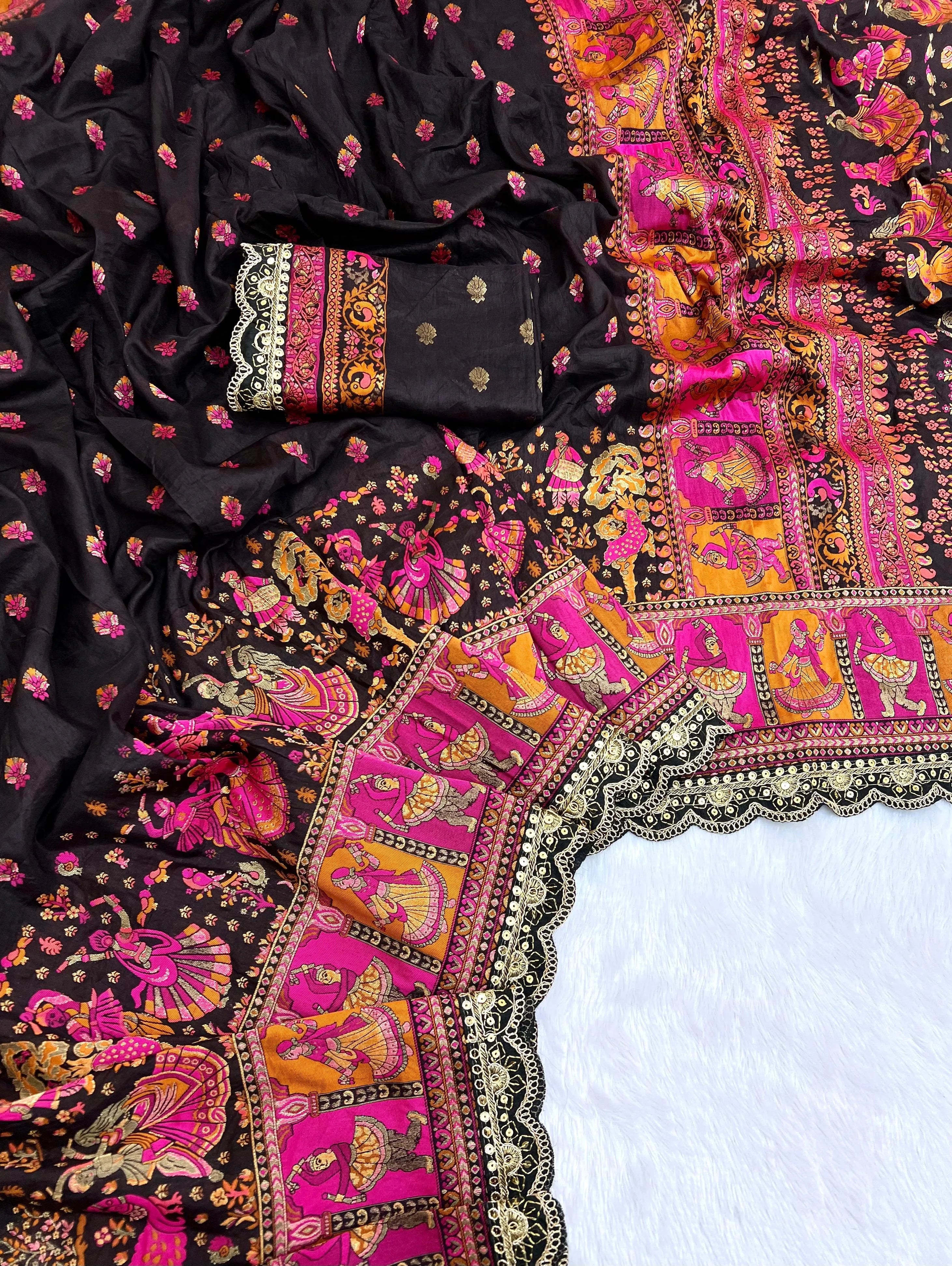 Soft Silk Pashmina Kashmiri Thread Lace Saree
