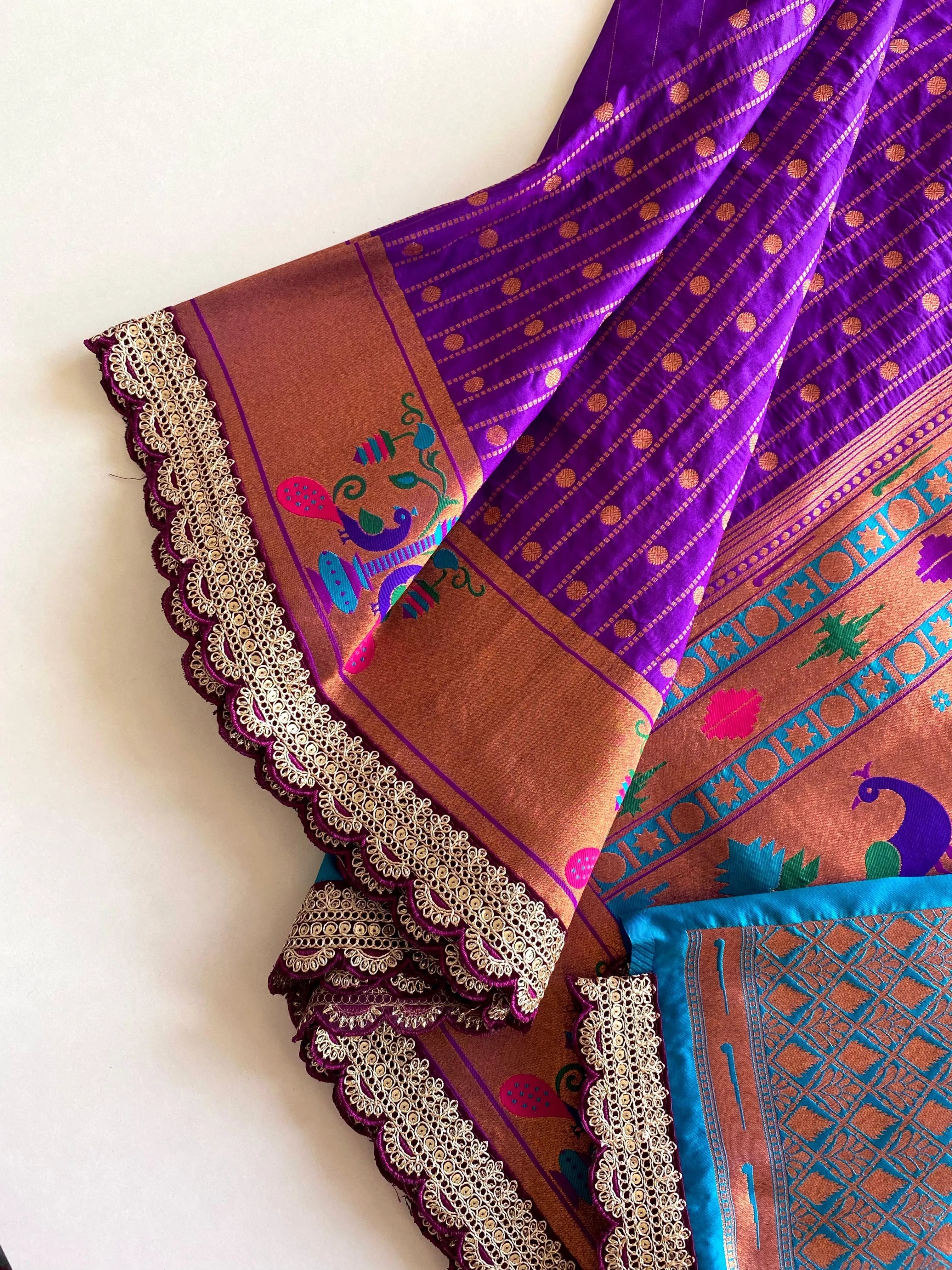 Pure Soft Zari Woven Paithani Silk Polka Based Scalloped Embroidered Sequins Lace Saree (Product Code: AS-776)