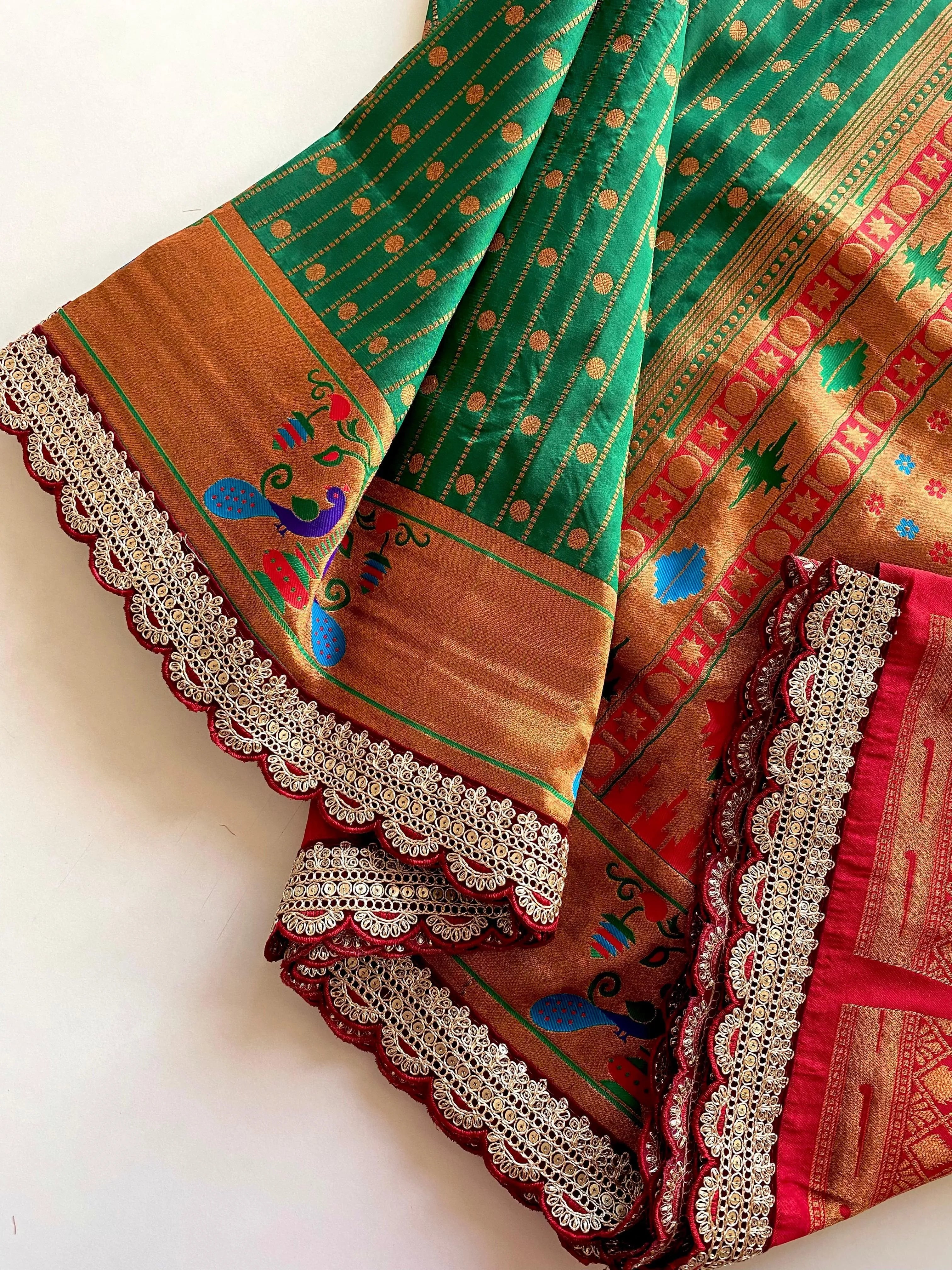 Pure Soft Zari Woven Paithani Silk Polka Based Scalloped Embroidered Sequins Lace Saree (Product Code: AS-776)