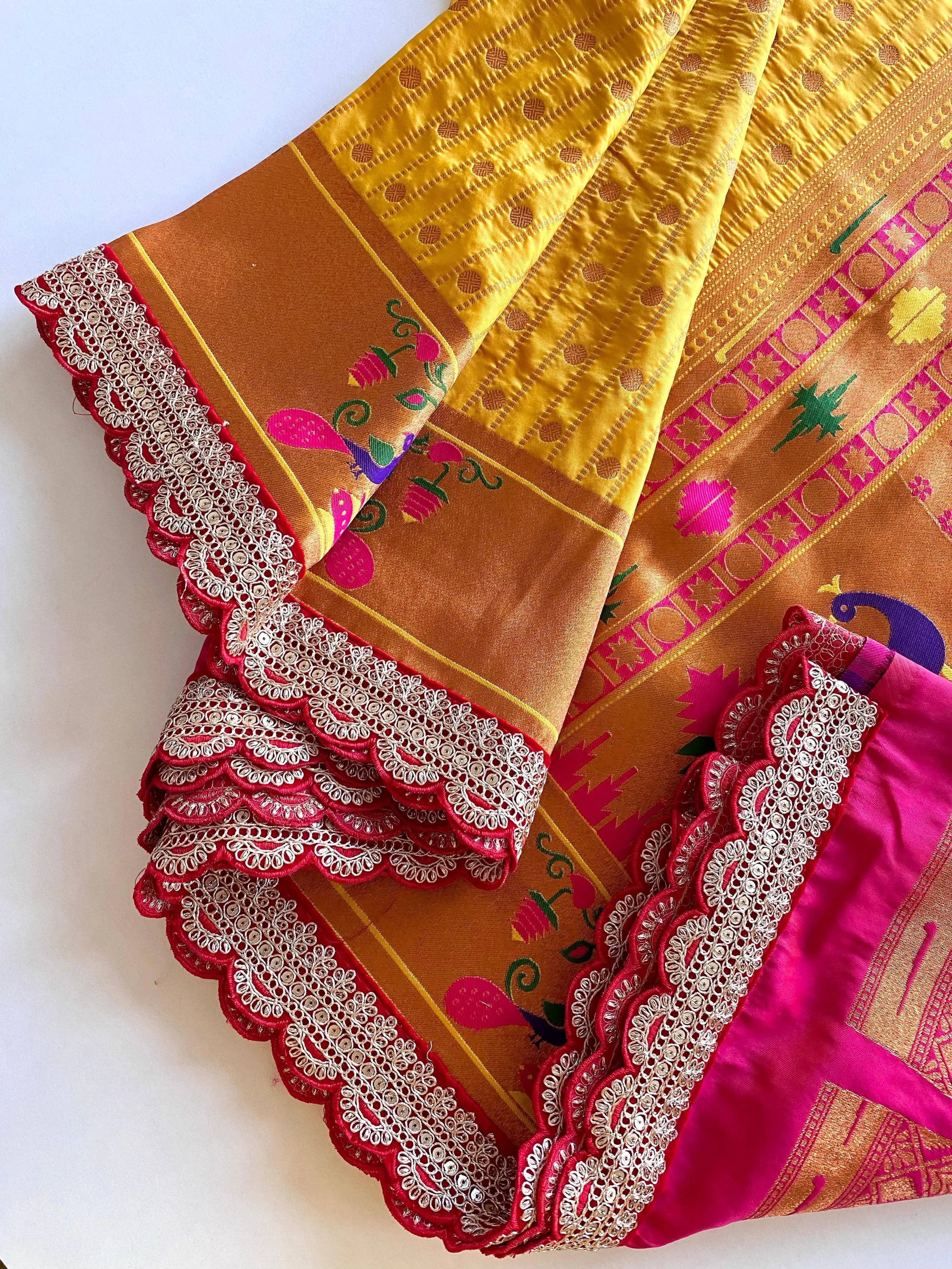 Pure Soft Zari Woven Paithani Silk Polka Based Scalloped Embroidered Sequins Lace Saree (Product Code: AS-776)