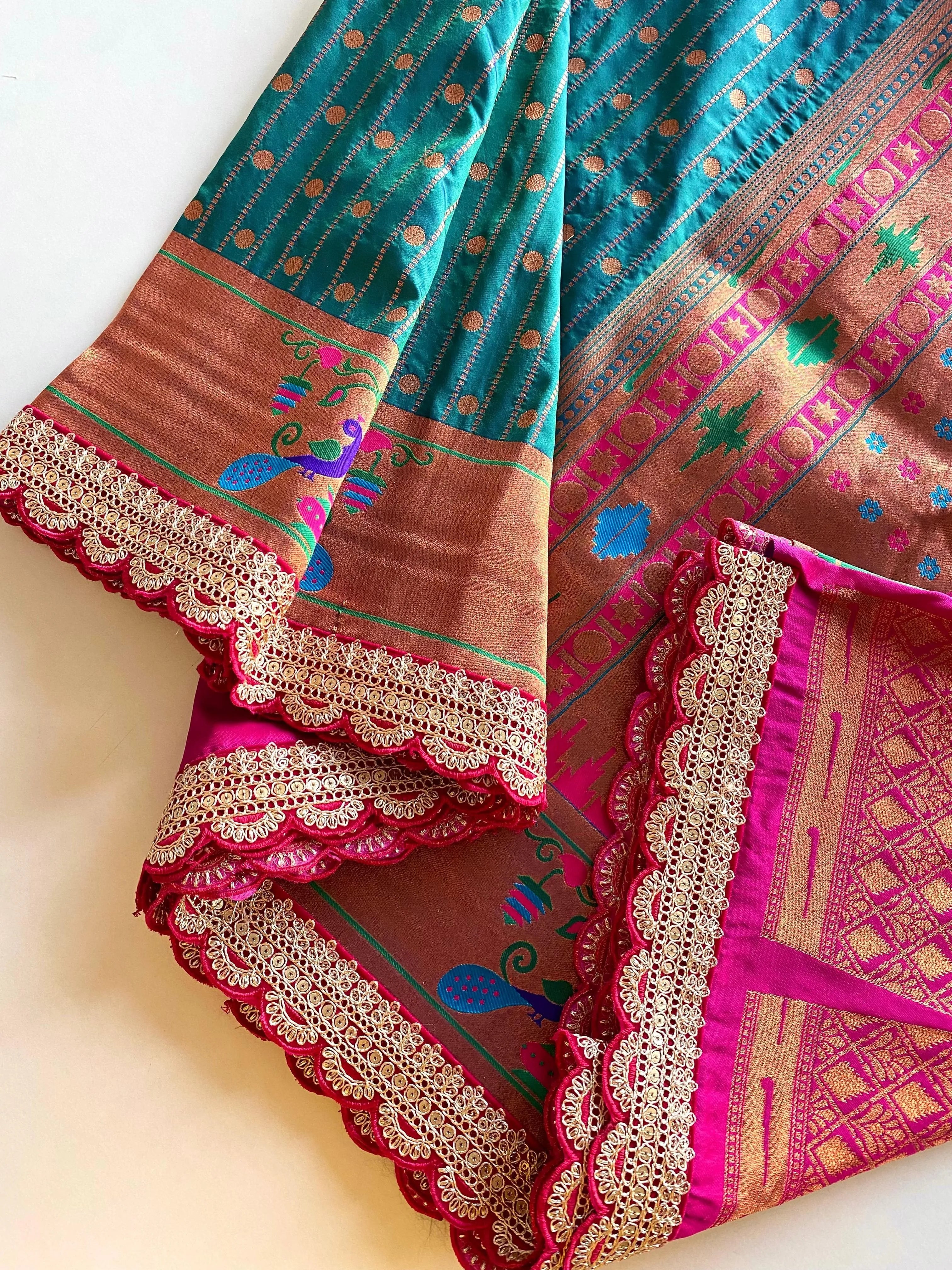 Pure Soft Zari Woven Paithani Silk Polka Based Scalloped Embroidered Sequins Lace Saree (Product Code: AS-776)