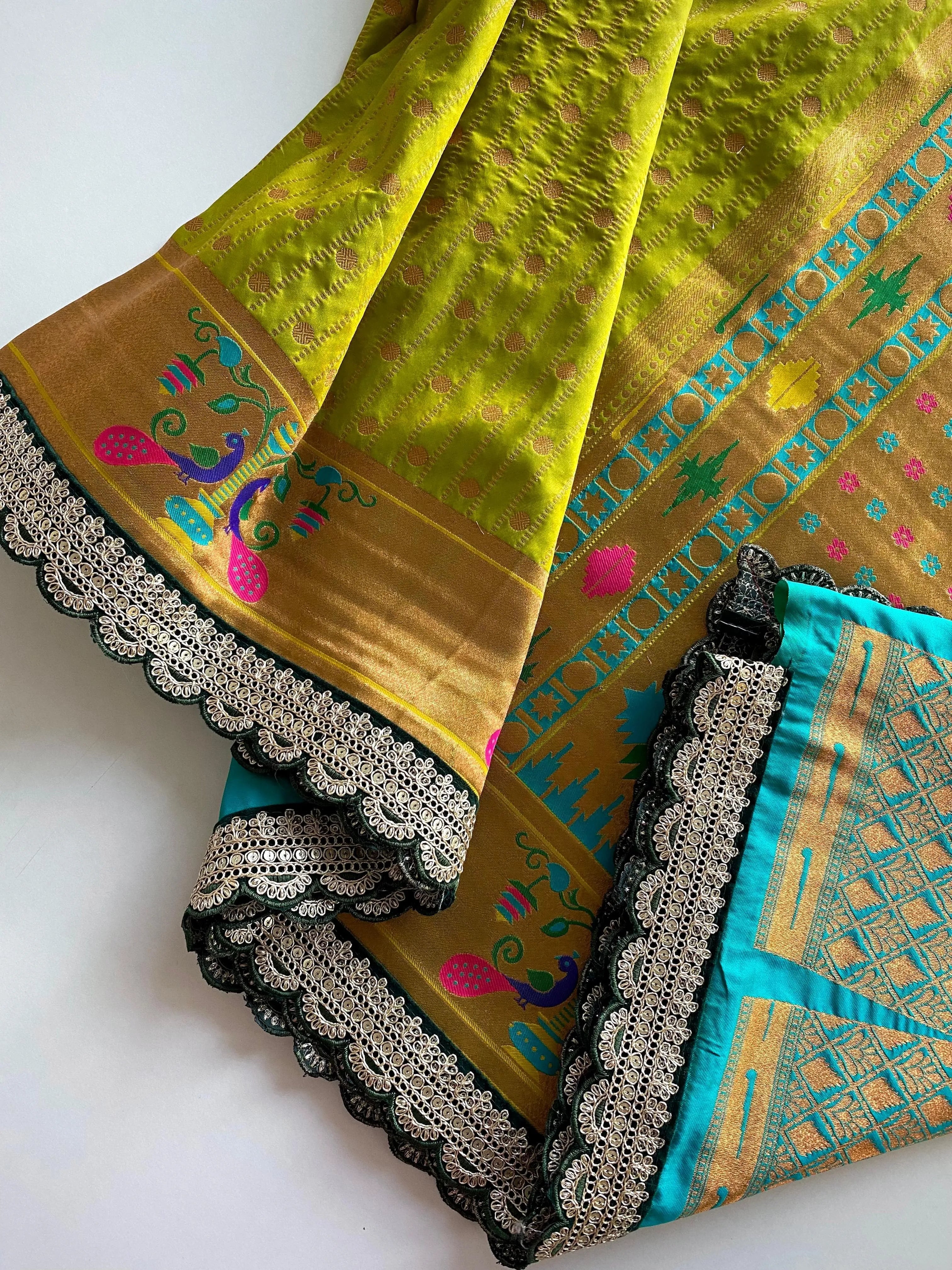 Pure Soft Zari Woven Paithani Silk Polka Based Scalloped Embroidered Sequins Lace Saree (Product Code: AS-776)