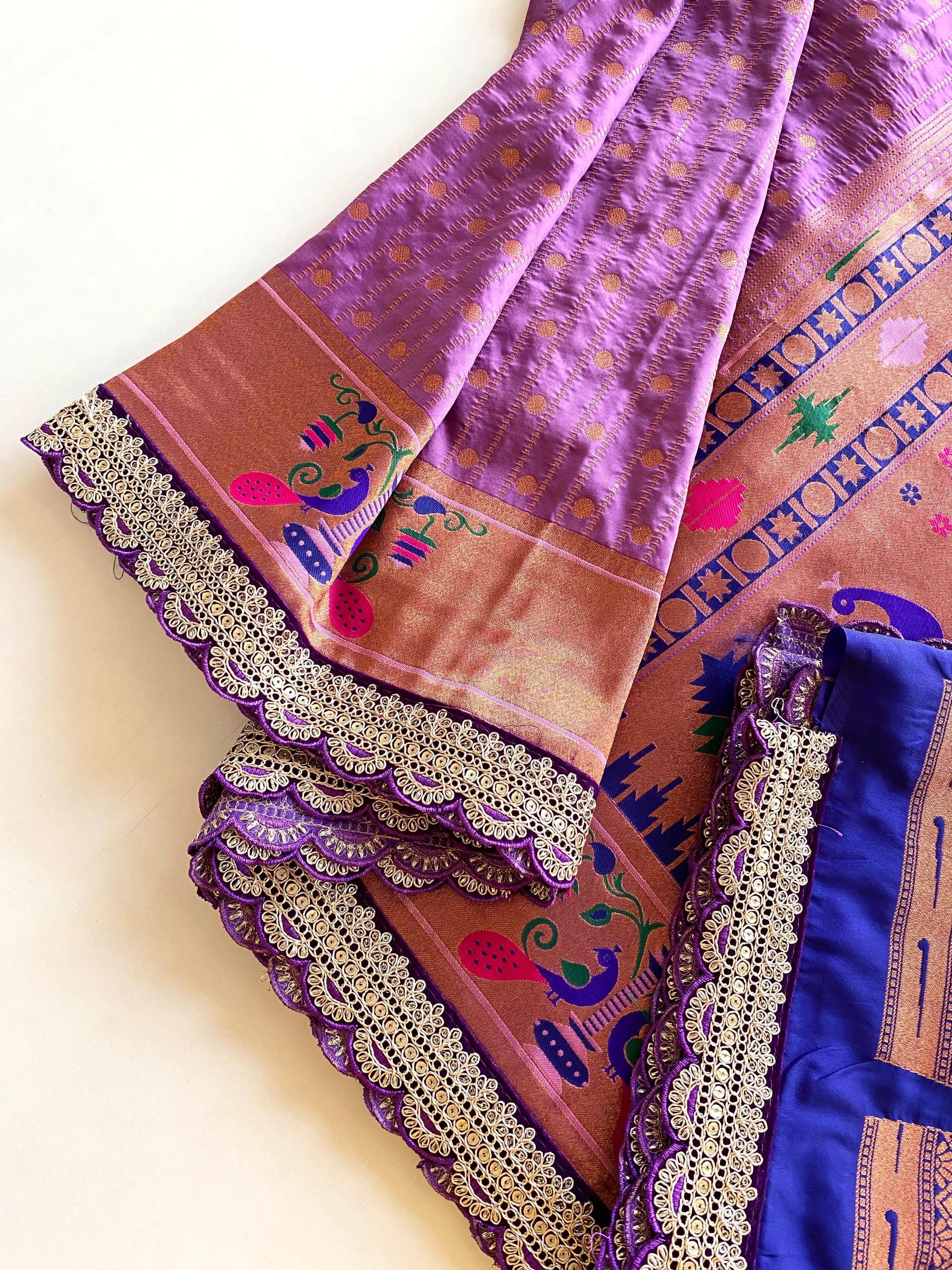 Pure Soft Zari Woven Paithani Silk Polka Based Scalloped Embroidered Sequins Lace Saree (Product Code: AS-776)