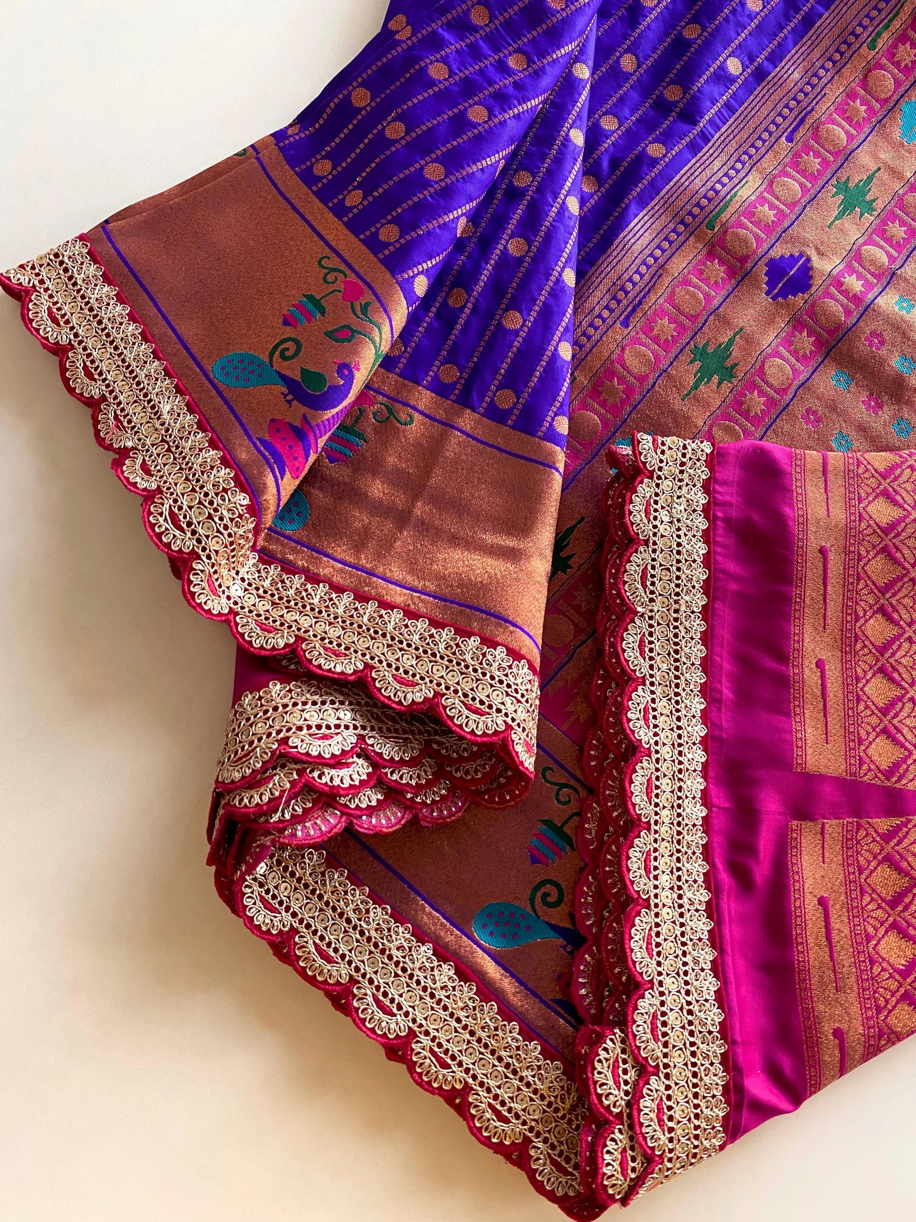 Pure Soft Zari Woven Paithani Silk Polka Based Scalloped Embroidered Sequins Lace Saree (Product Code: AS-776)