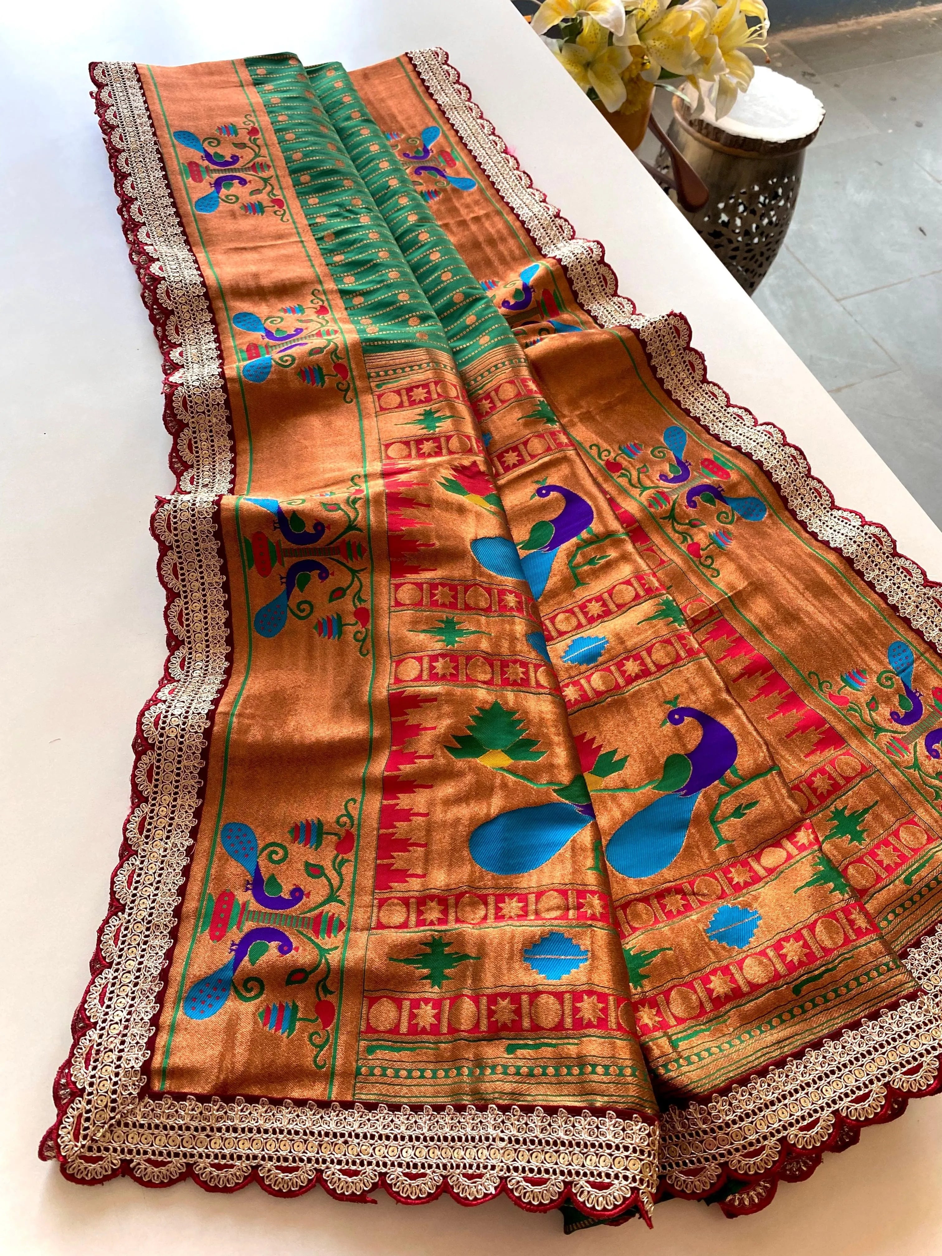 Pure Soft Zari Woven Paithani Silk Polka Based Scalloped Embroidered Sequins Lace Saree (Product Code: AS-776)
