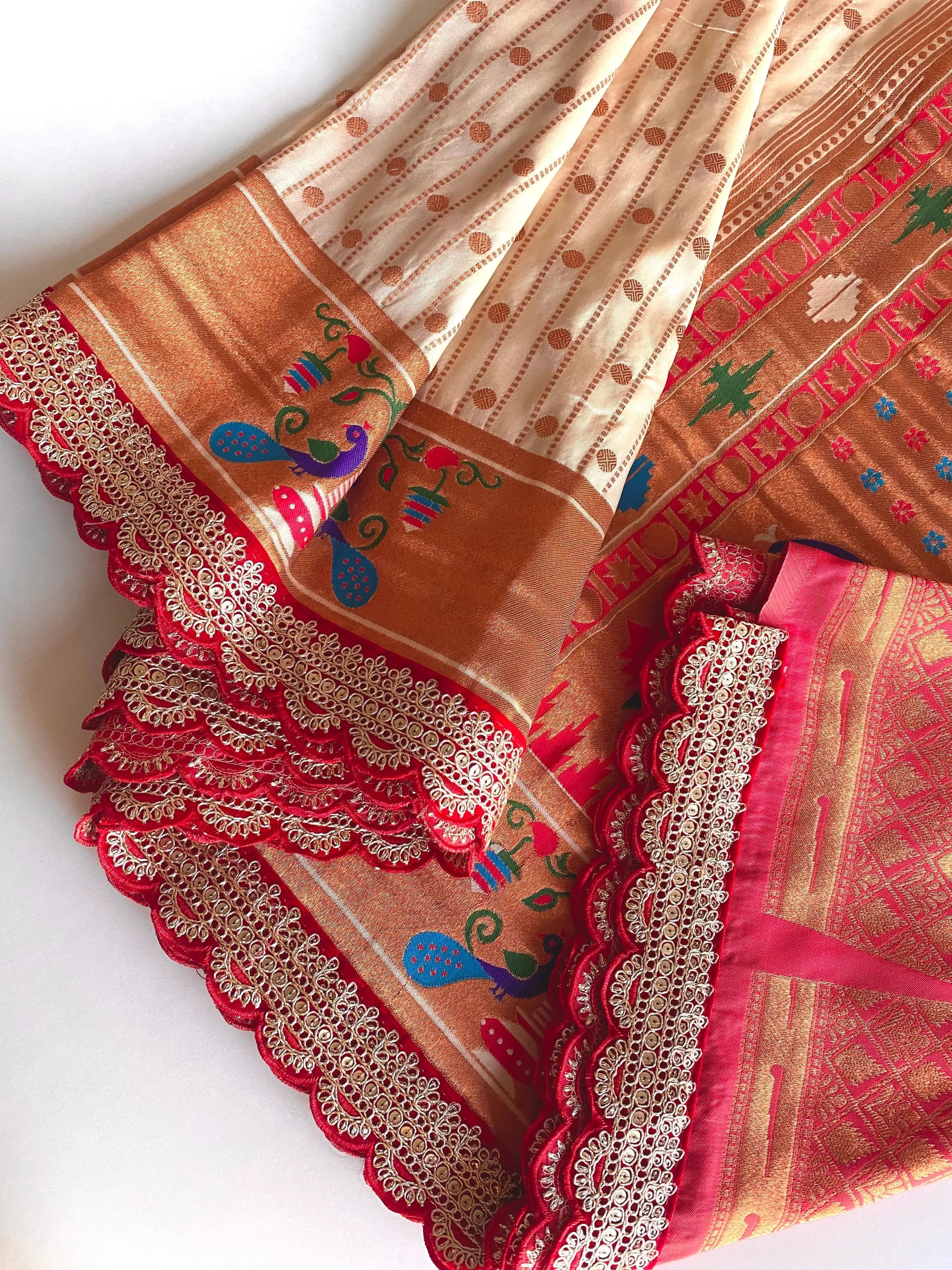 Pure Soft Zari Woven Paithani Silk Polka Based Scalloped Embroidered Sequins Lace Saree (Product Code: AS-776)