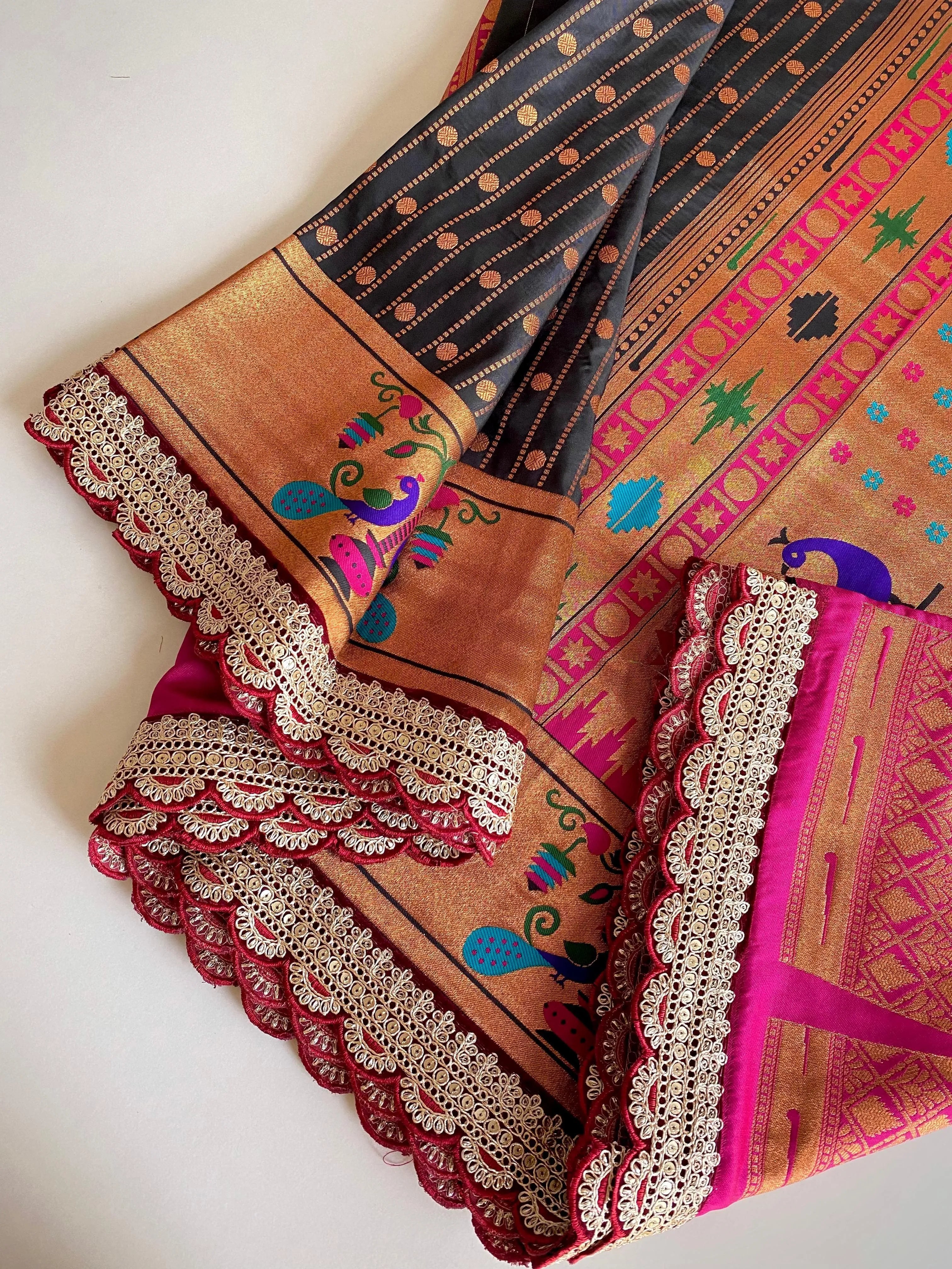 Pure Soft Zari Woven Paithani Silk Polka Based Scalloped Embroidered Sequins Lace Saree (Product Code: AS-776)