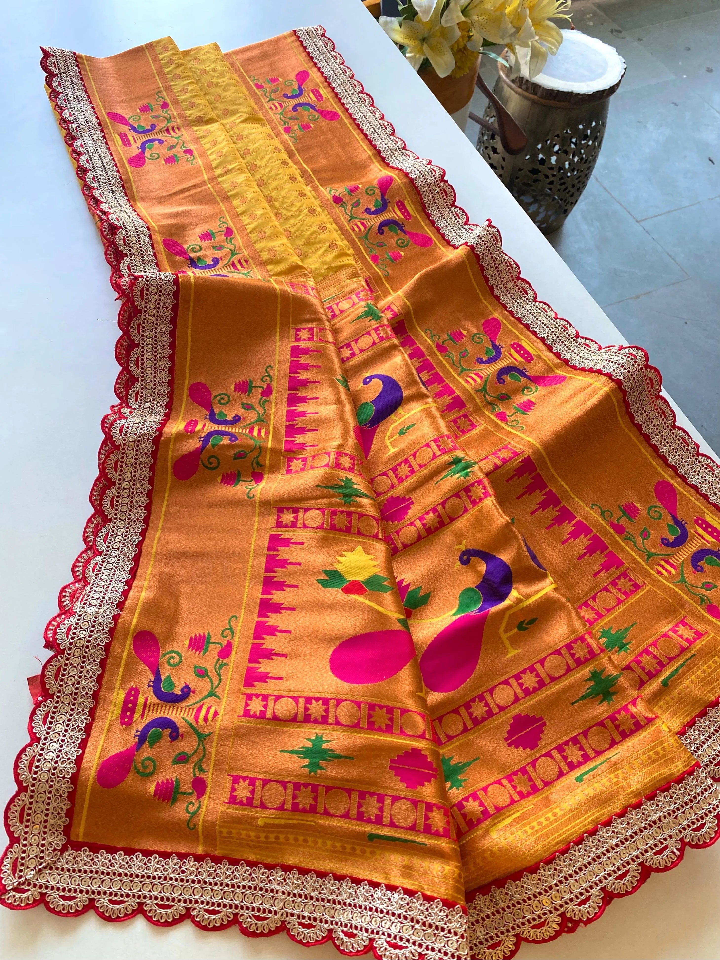 Pure Soft Zari Woven Paithani Silk Polka Based Scalloped Embroidered Sequins Lace Saree (Product Code: AS-776)