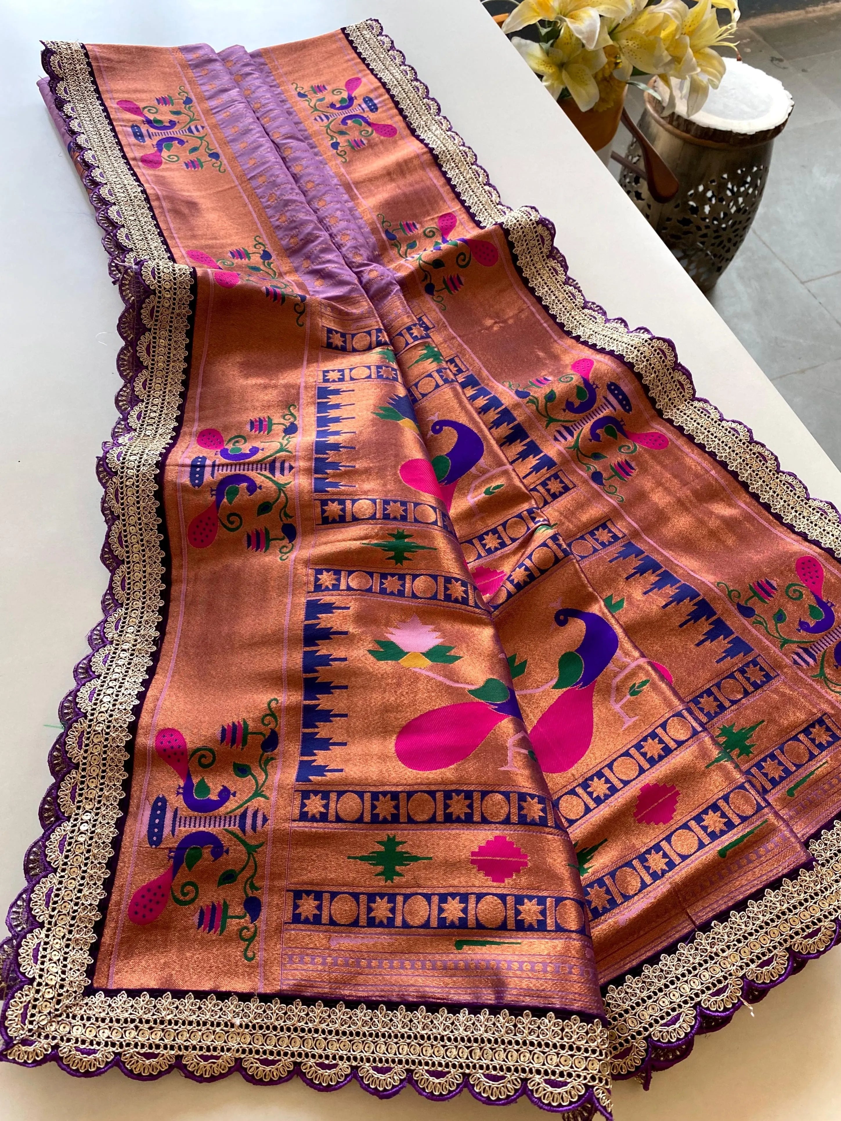 Pure Soft Zari Woven Paithani Silk Polka Based Scalloped Embroidered Sequins Lace Saree (Product Code: AS-776)