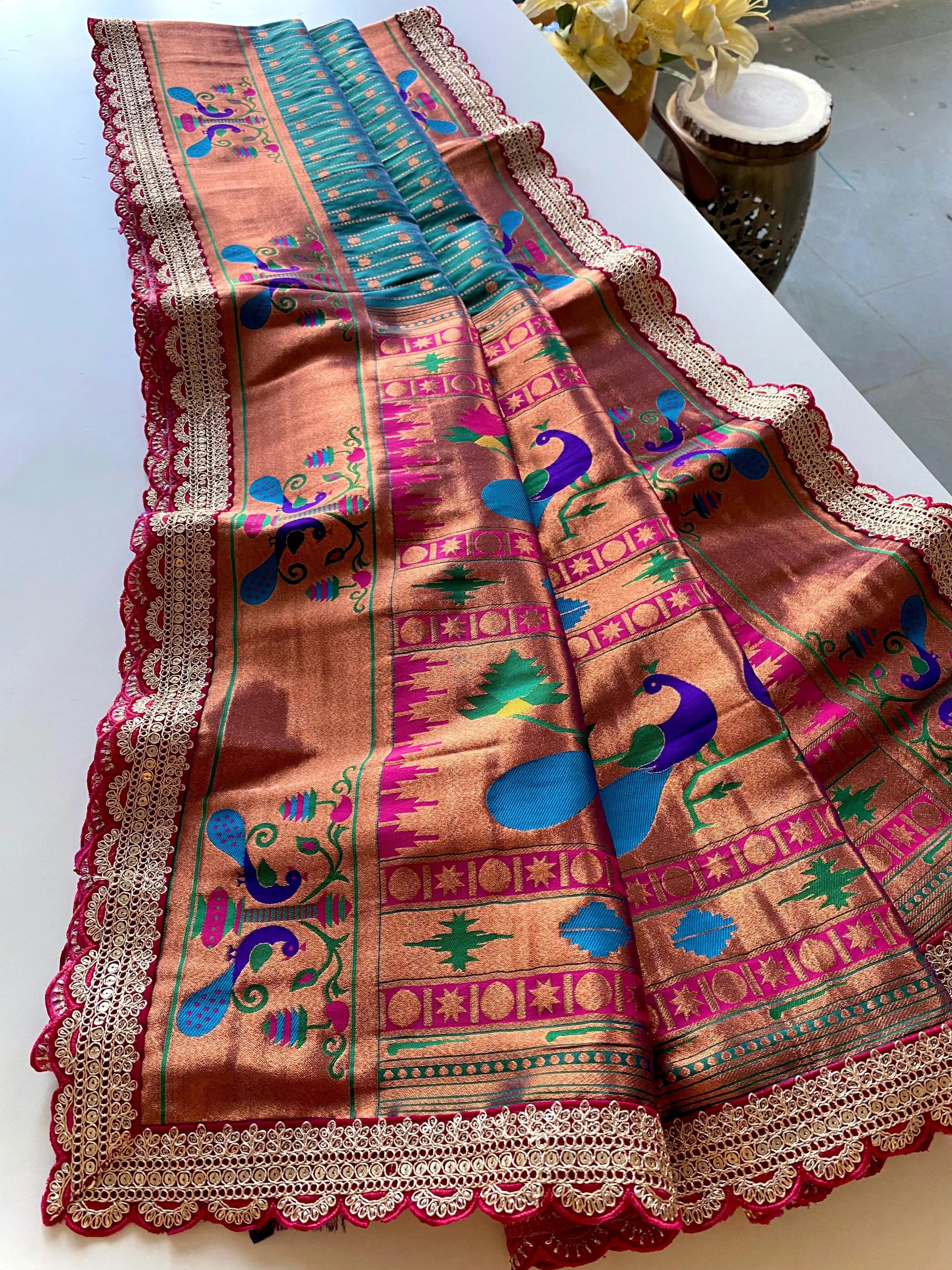 Pure Soft Zari Woven Paithani Silk Polka Based Scalloped Embroidered Sequins Lace Saree (Product Code: AS-776)